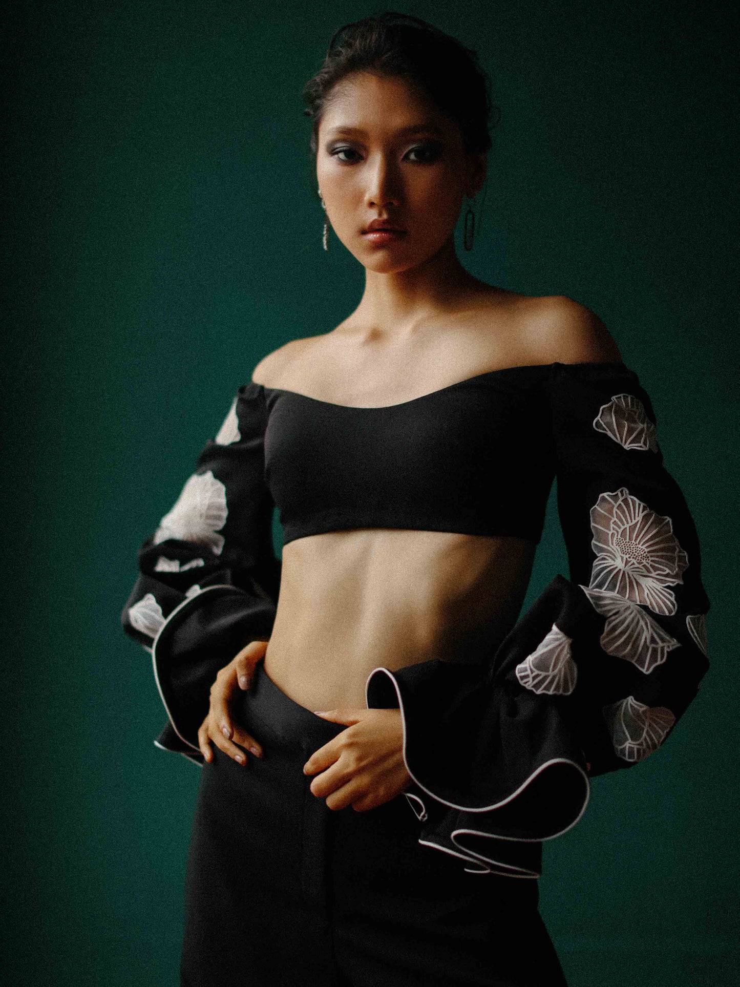Off shoulder top with blouson sleeves