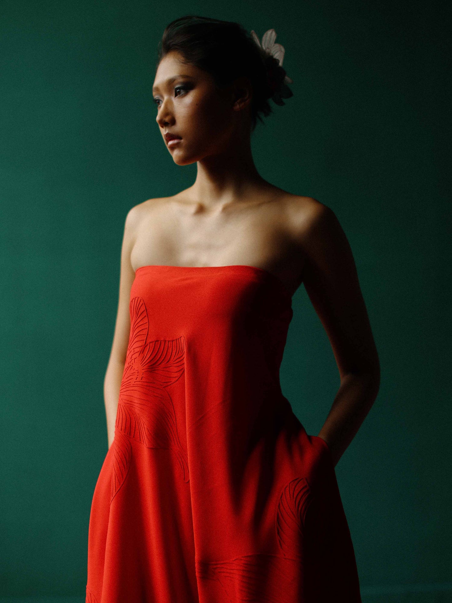 Strapless maxi dress with embossed lillies
