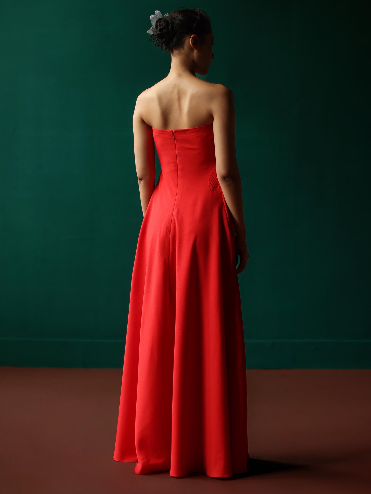 Strapless maxi dress with embossed lillies