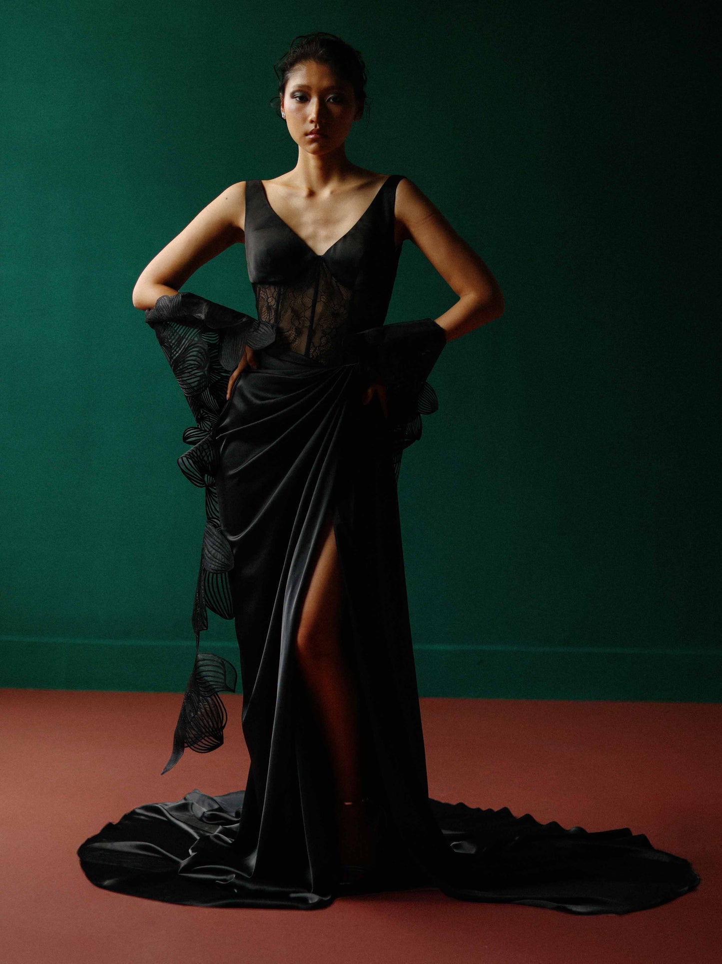 Elegant black lace corset gown with an orchid shawl
