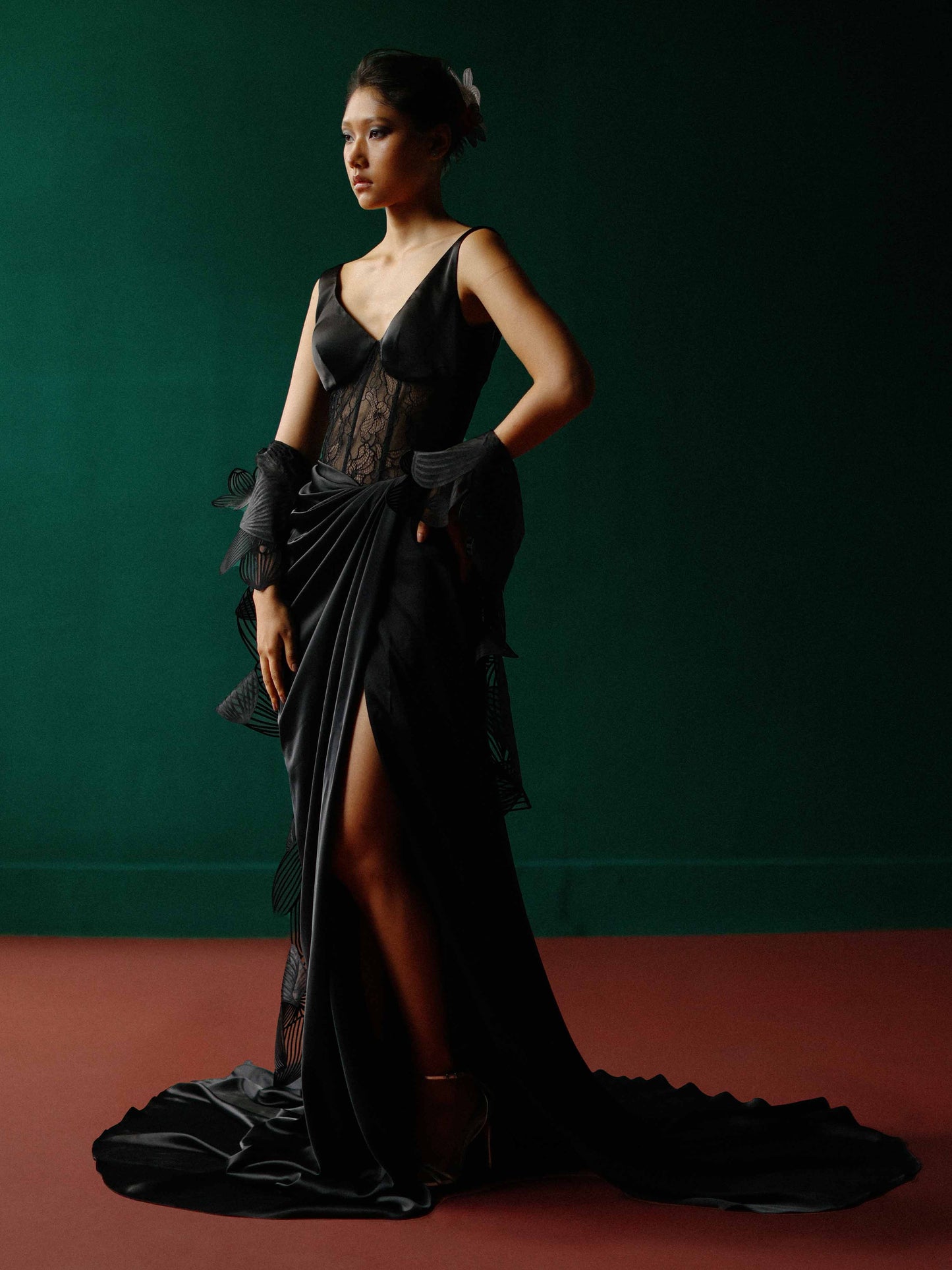 Elegant black lace corset gown with an orchid shawl