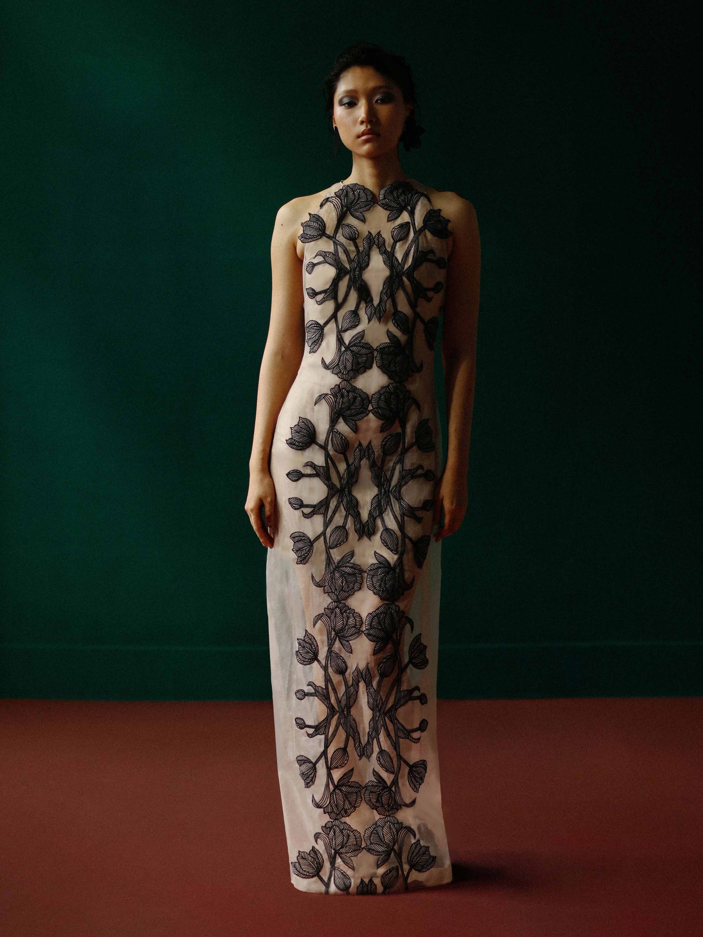 Sheer organza gown with embroidered tulips