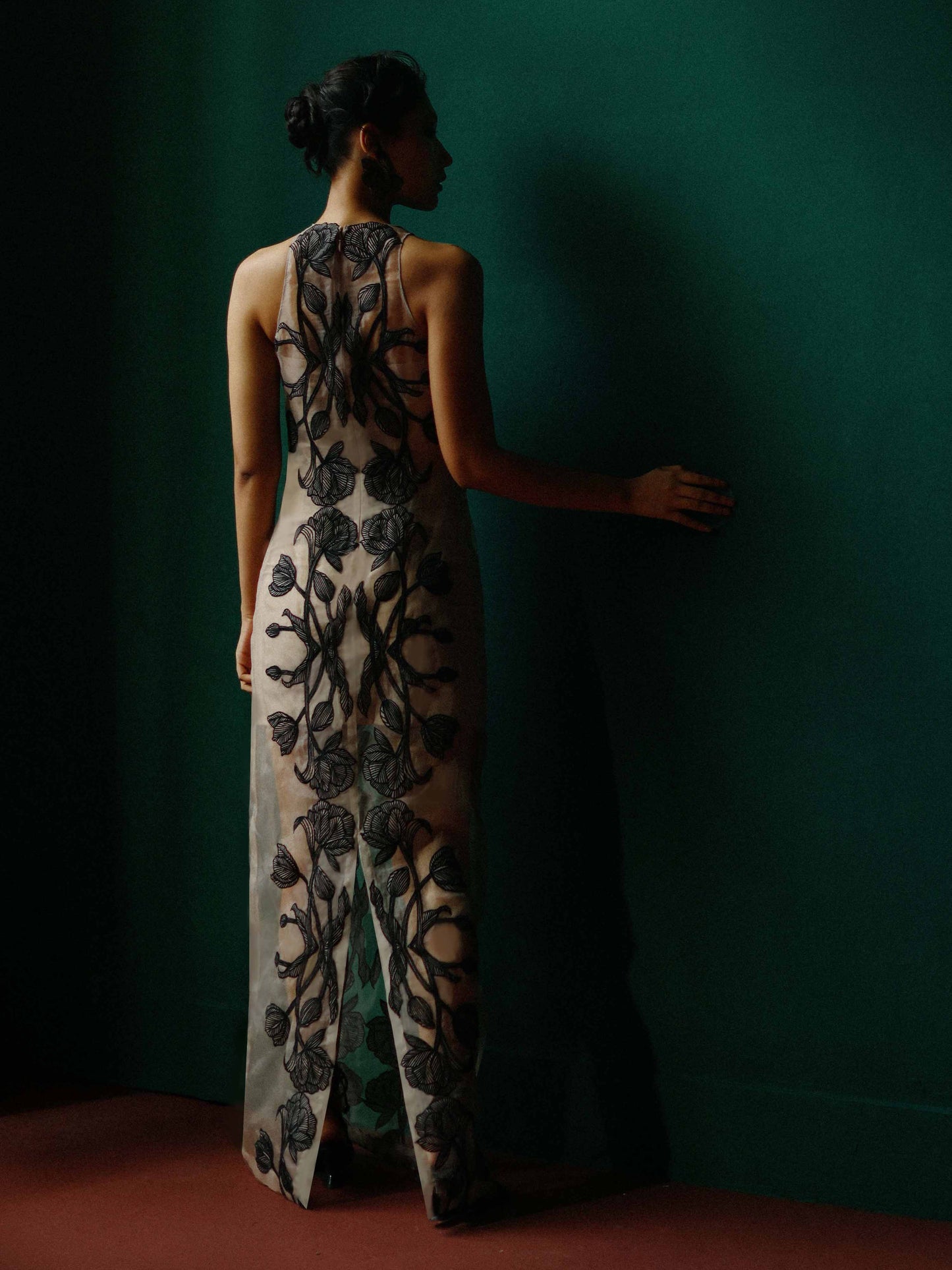 Sheer organza gown with embroidered tulips