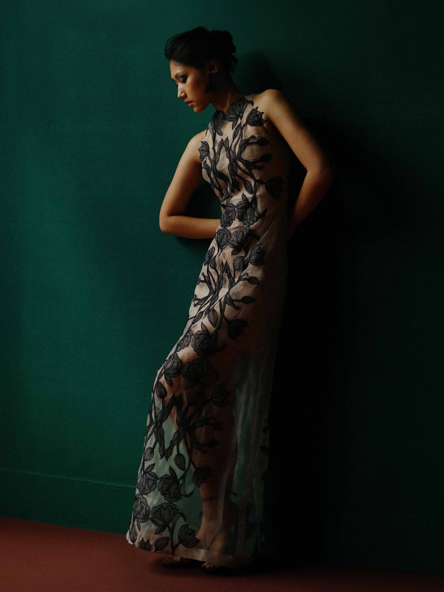Sheer organza gown with embroidered tulips