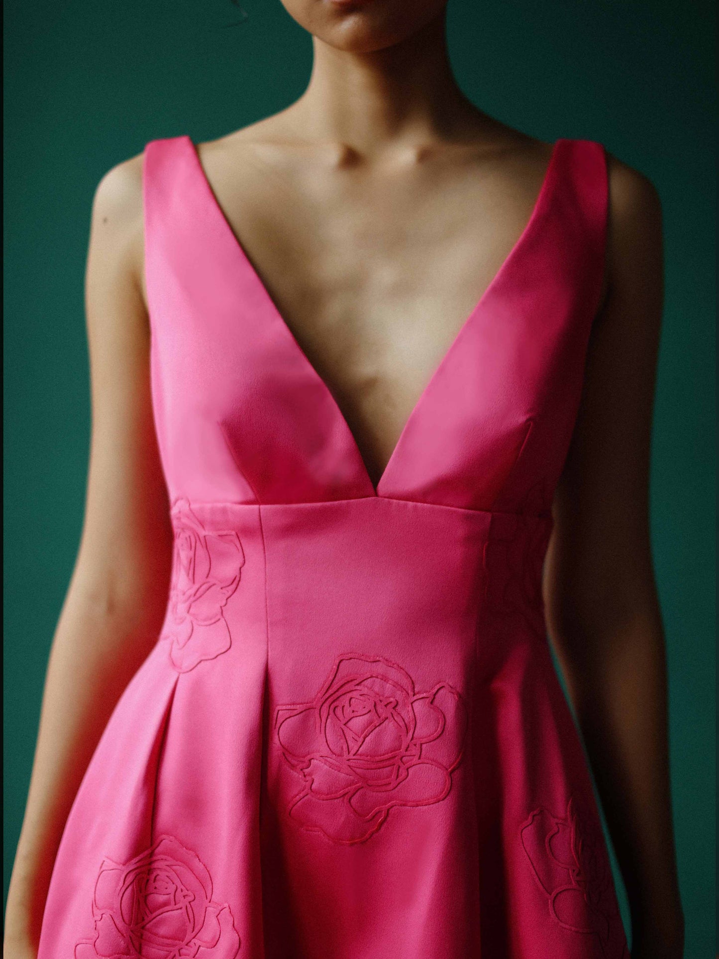 Sleek deep V dress with embossed roses