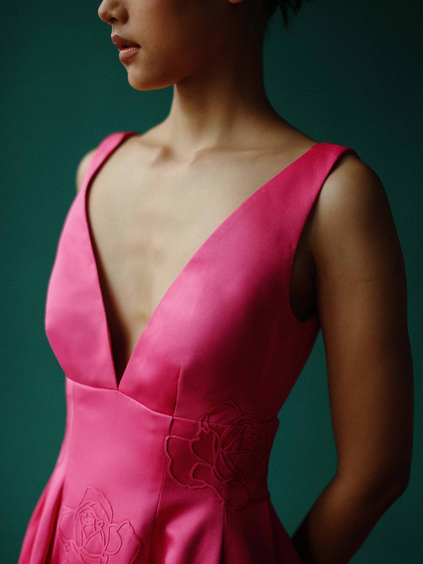 Sleek deep V dress with embossed roses