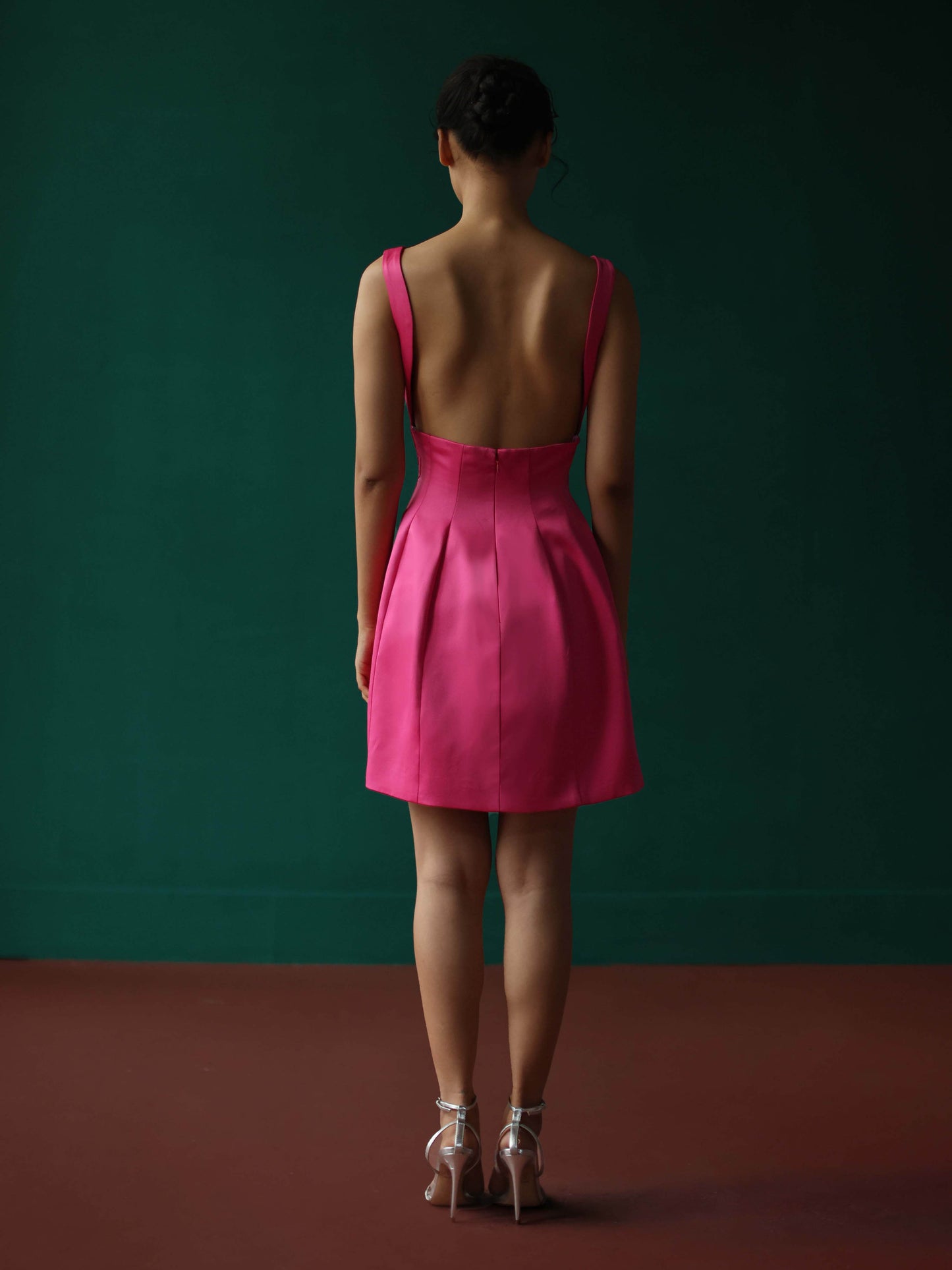 Sleek deep V dress with embossed roses