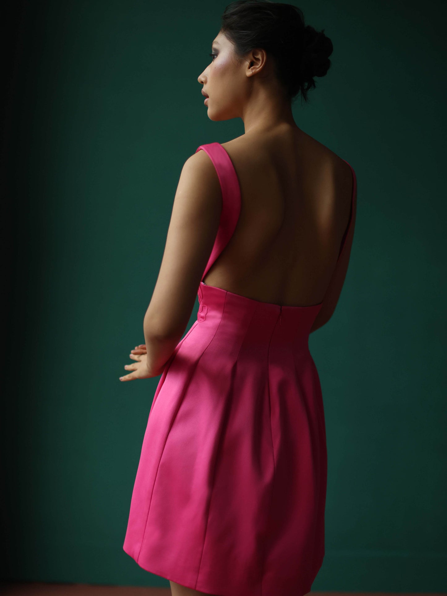 Sleek deep V dress with embossed roses
