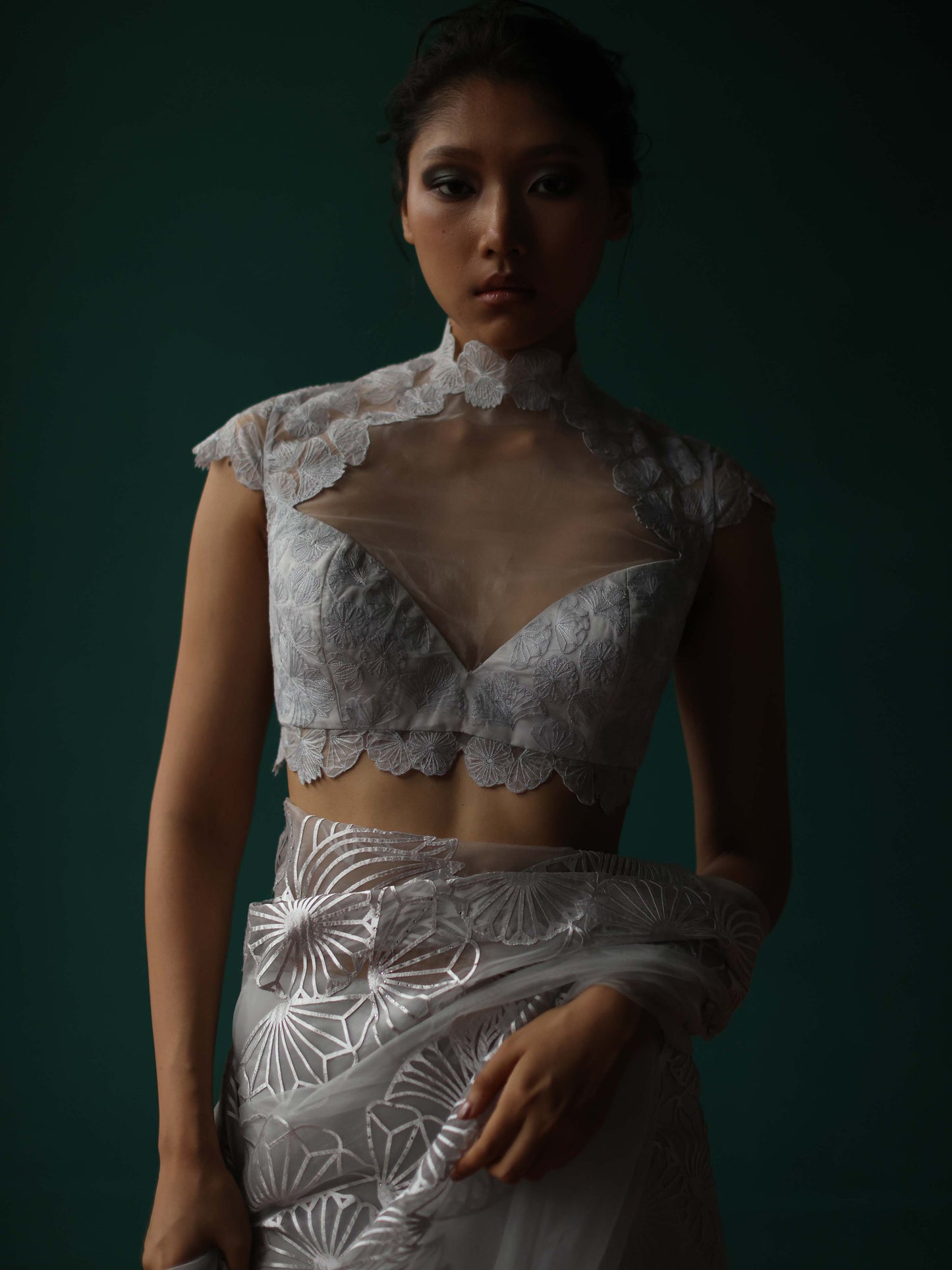 Lace- Inspired embroidered high neck blouse