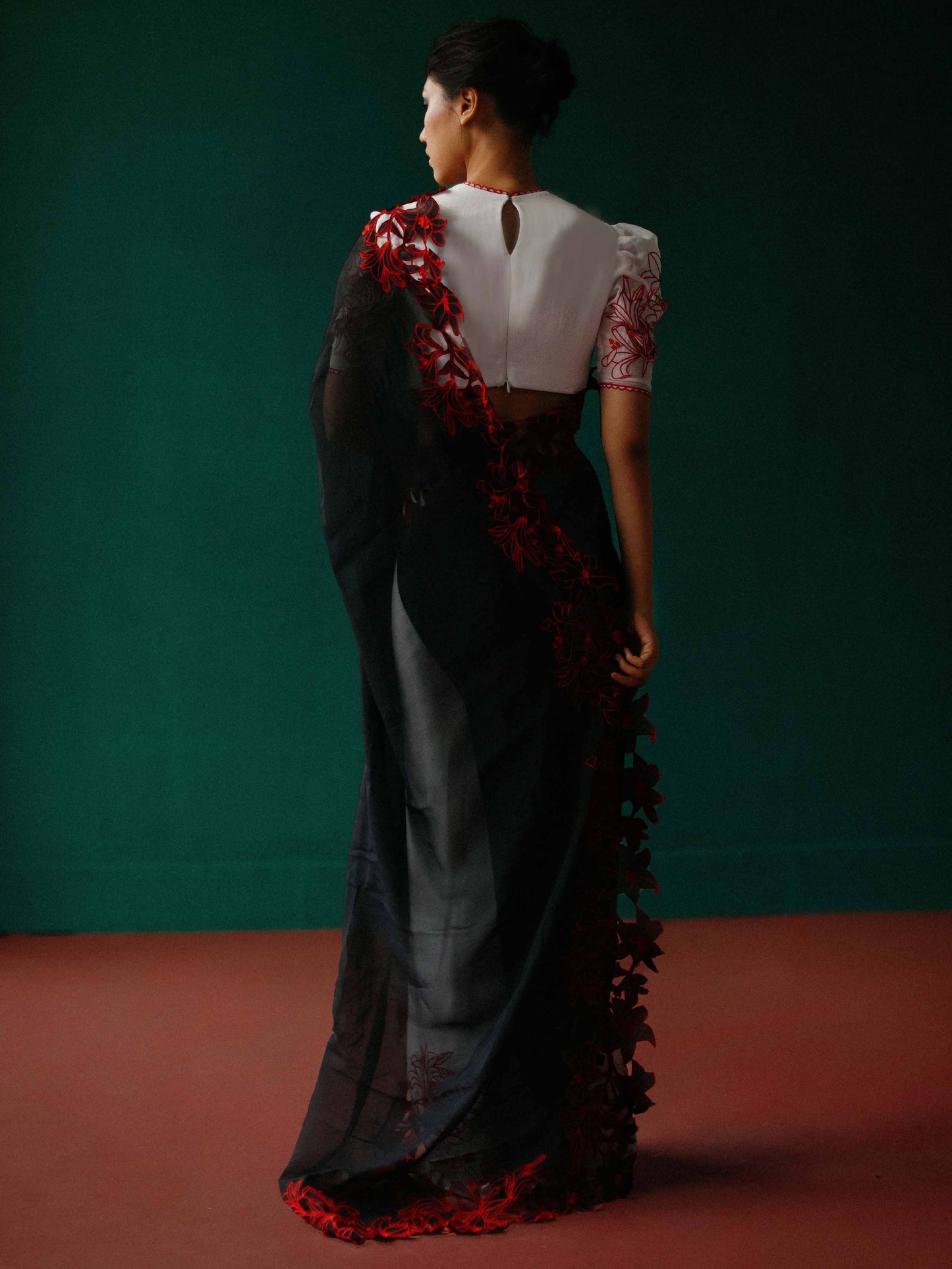 Colour block saree set with embroidered lilies