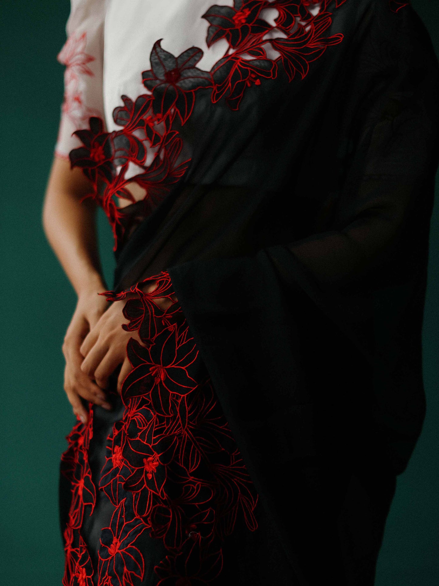 Colour block saree set with embroidered lilies