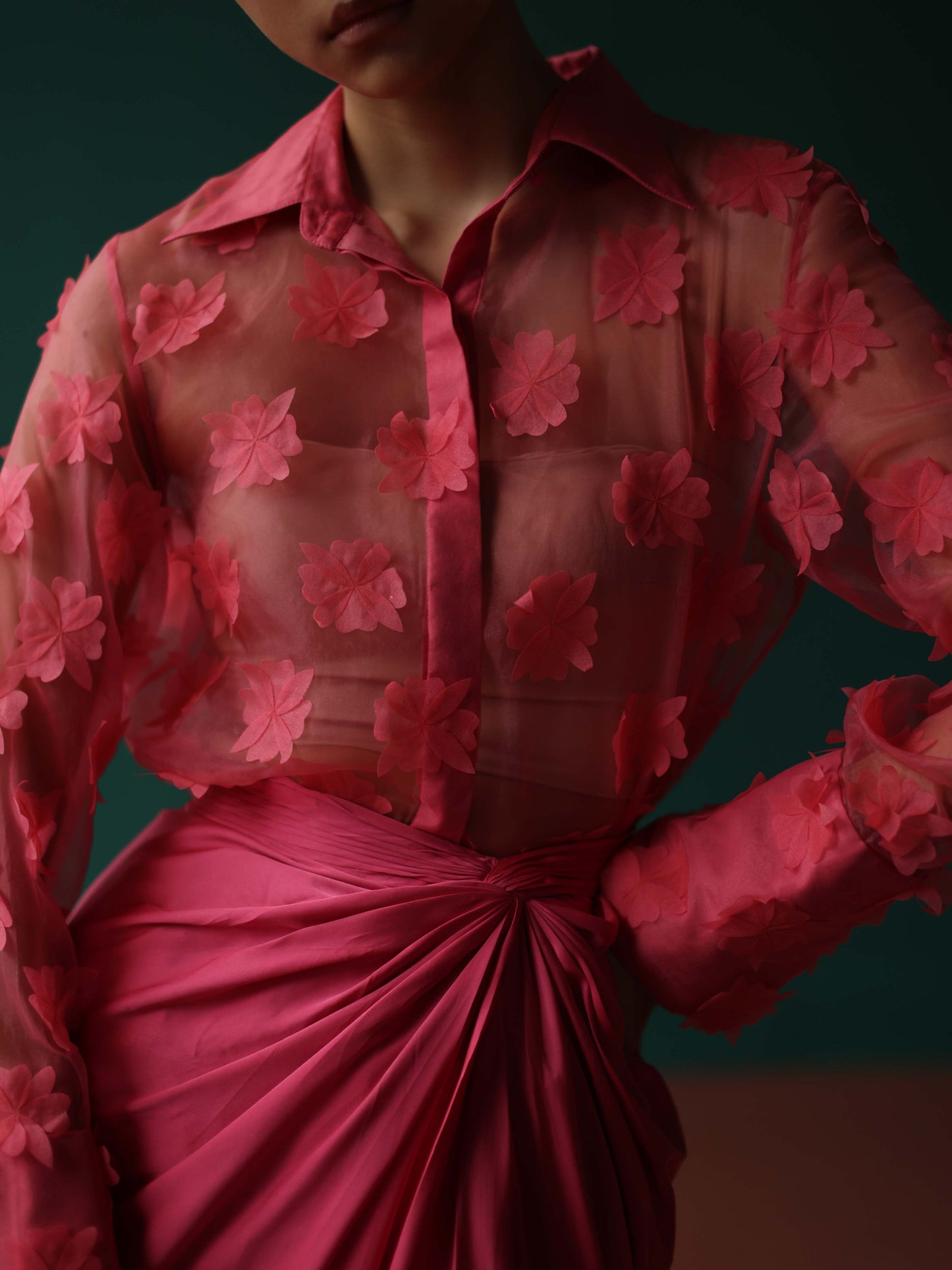 Pink organza bloom shirt with twist skirt