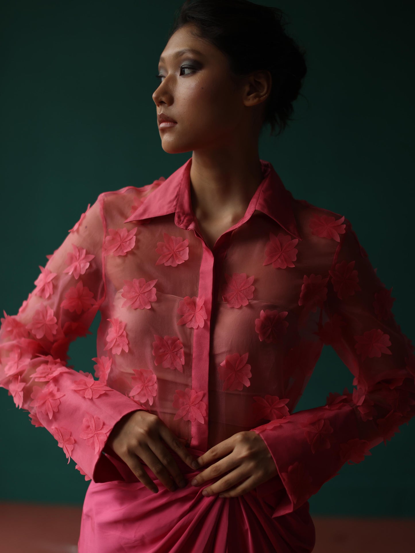 Pink organza bloom shirt with twist skirt
