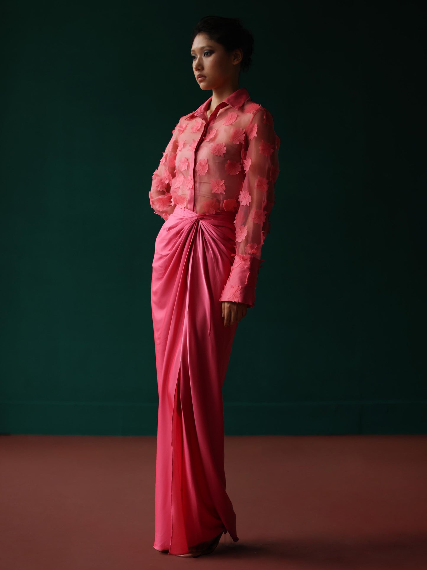 Pink organza bloom shirt with twist skirt