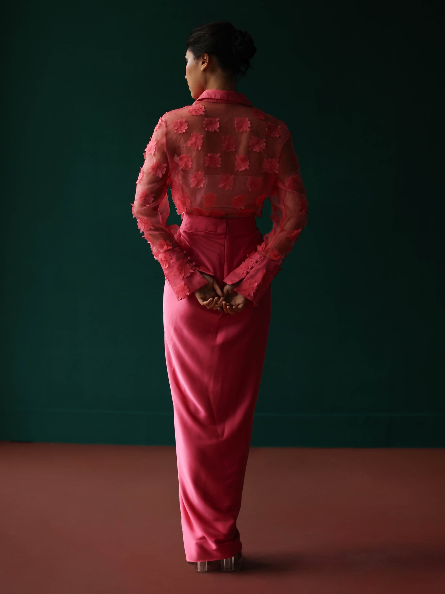 Pink organza bloom shirt with twist skirt