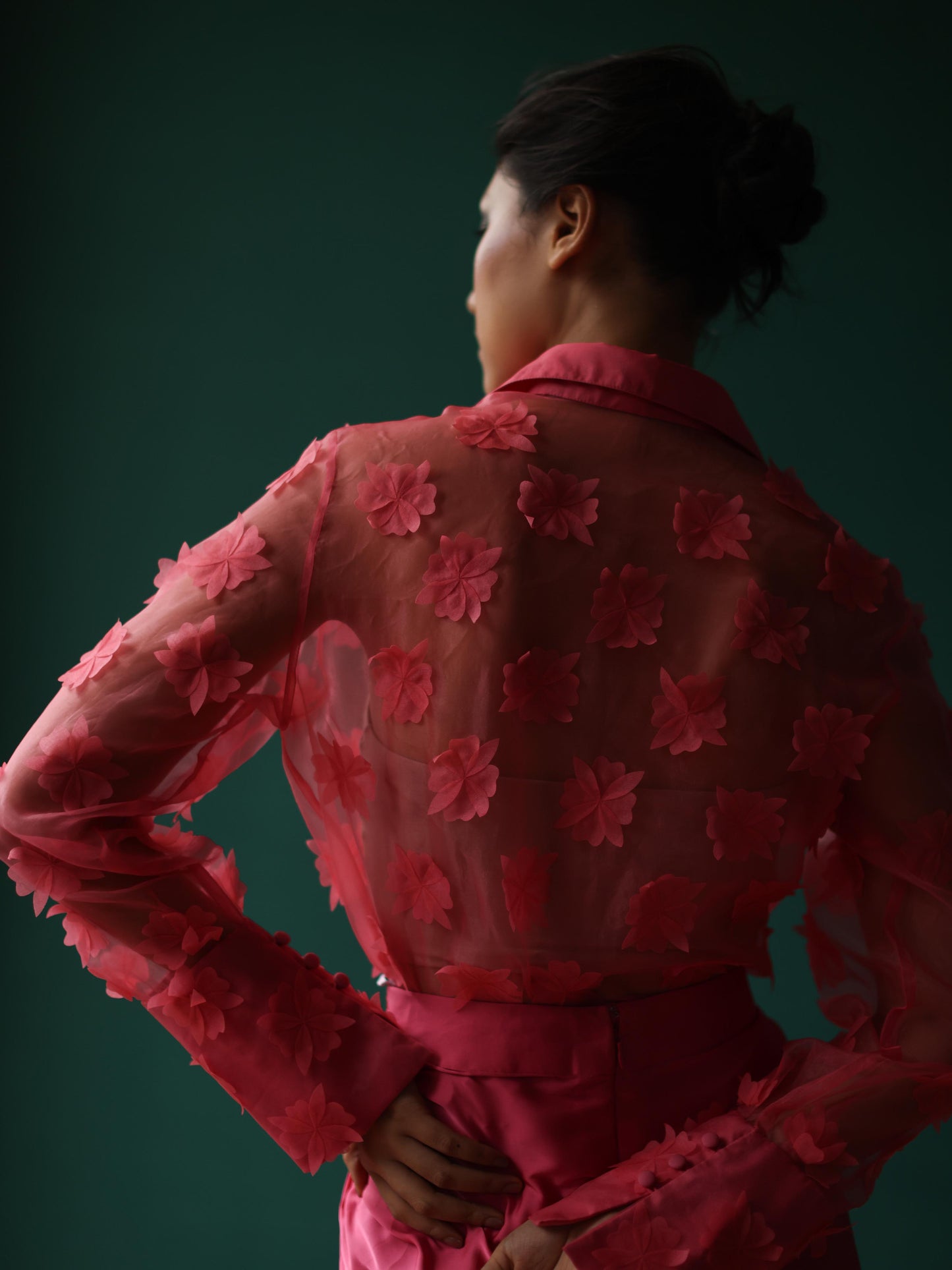 Pink organza bloom shirt with twist skirt