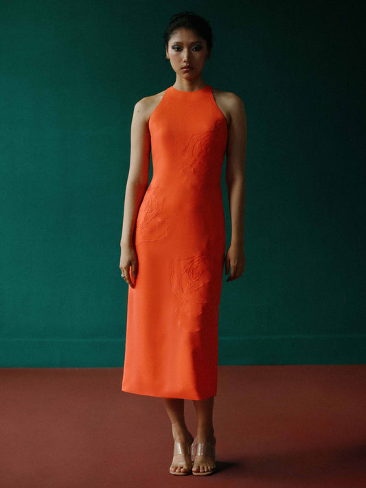 High neck halter dress with embossed roses