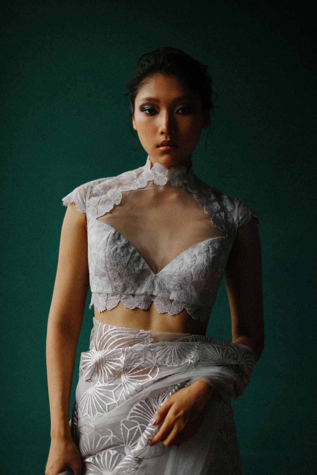 Lace- Inspired embroidered high neck blouse