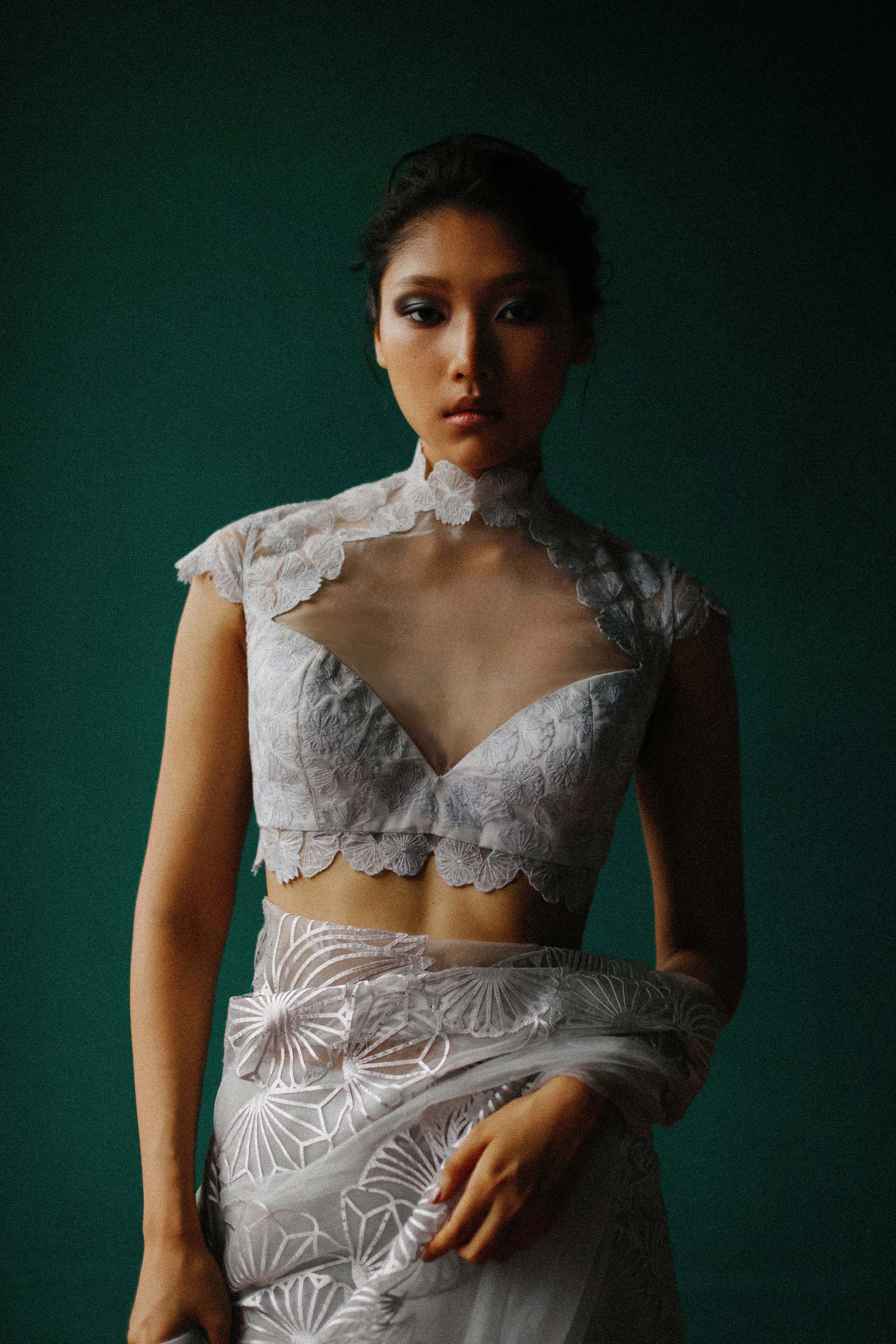 Lace- Inspired embroidered high neck blouse