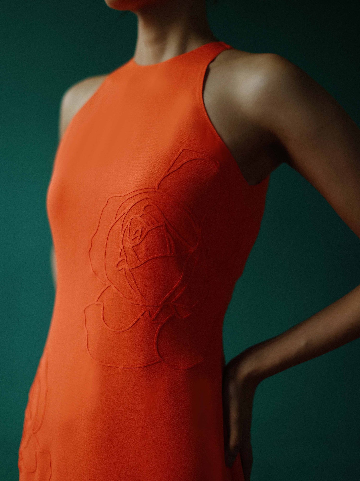 High neck halter dress with embossed roses