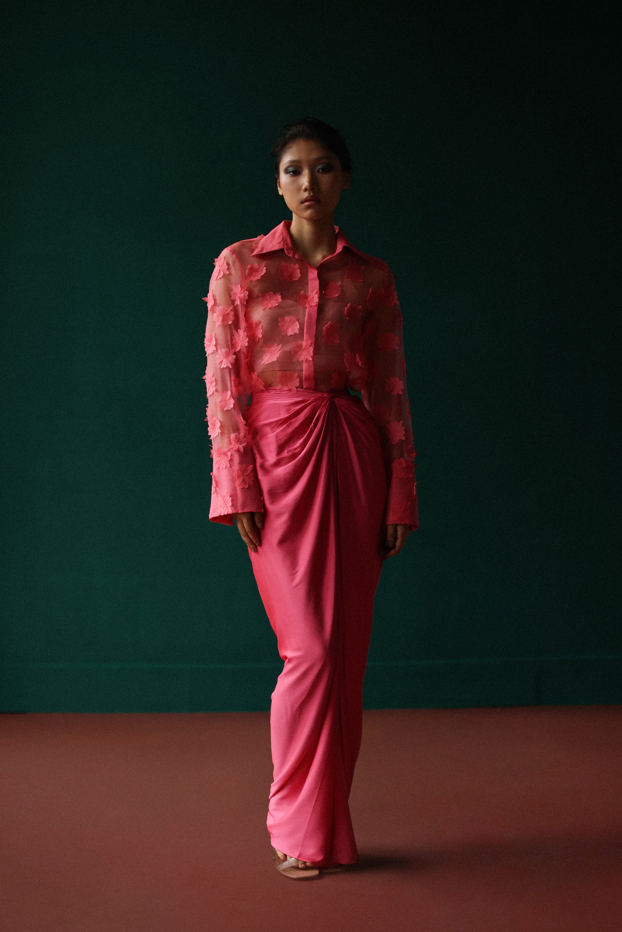 Pink organza bloom shirt with twist skirt
