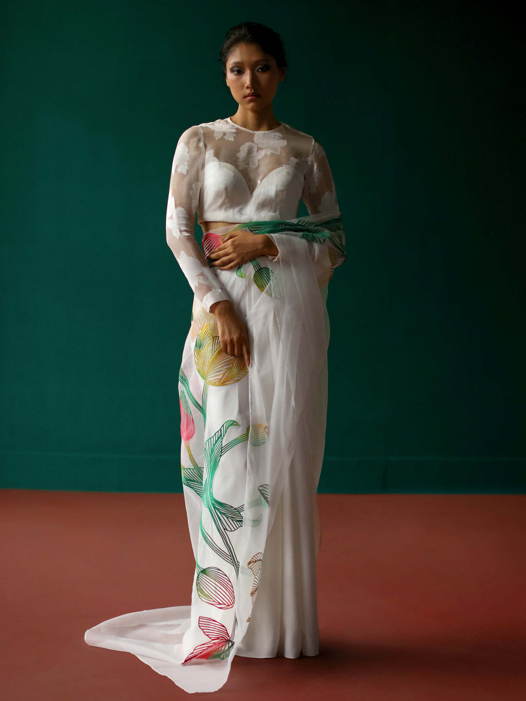 White saree with tulip applique