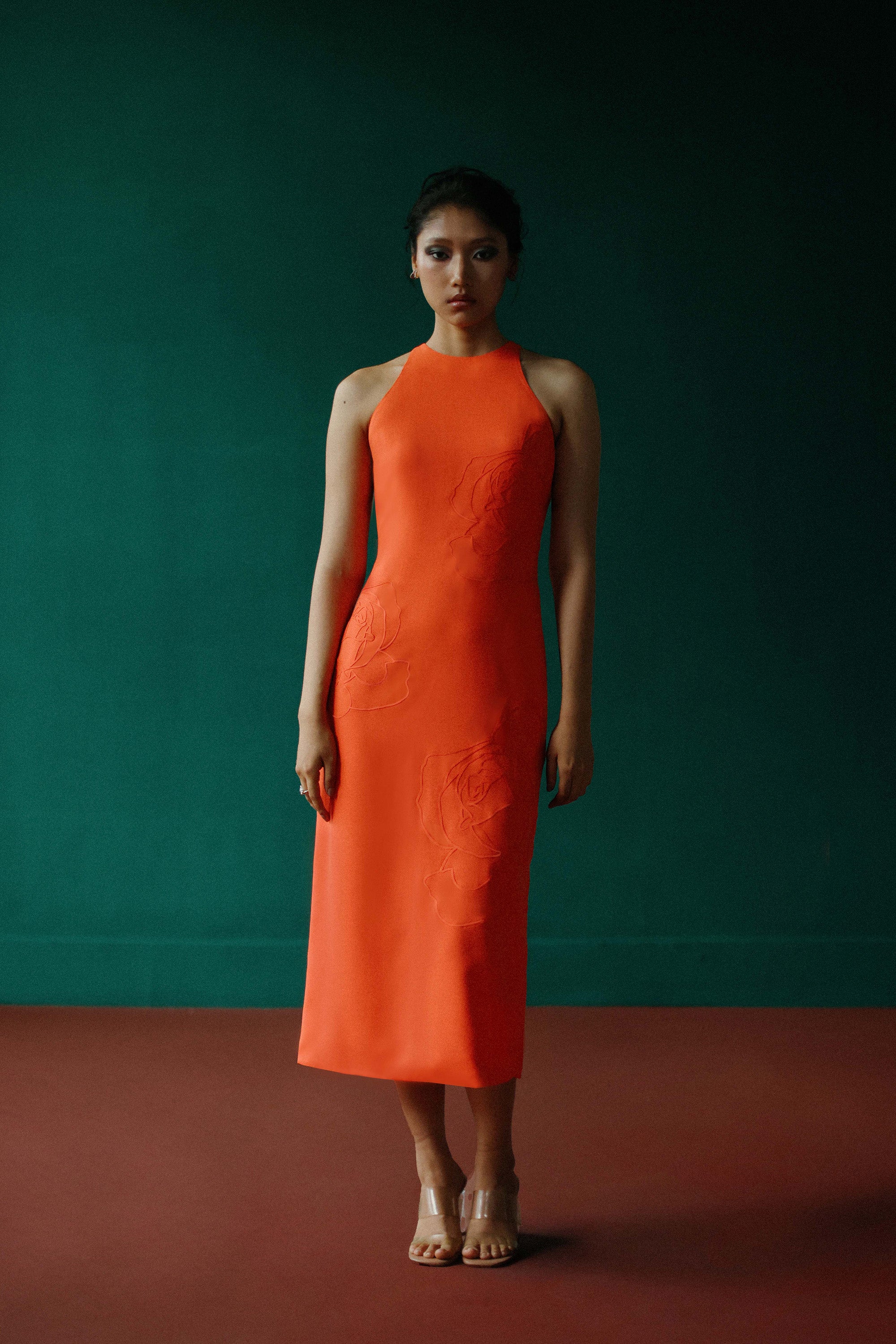 High neck halter dress with embossed roses