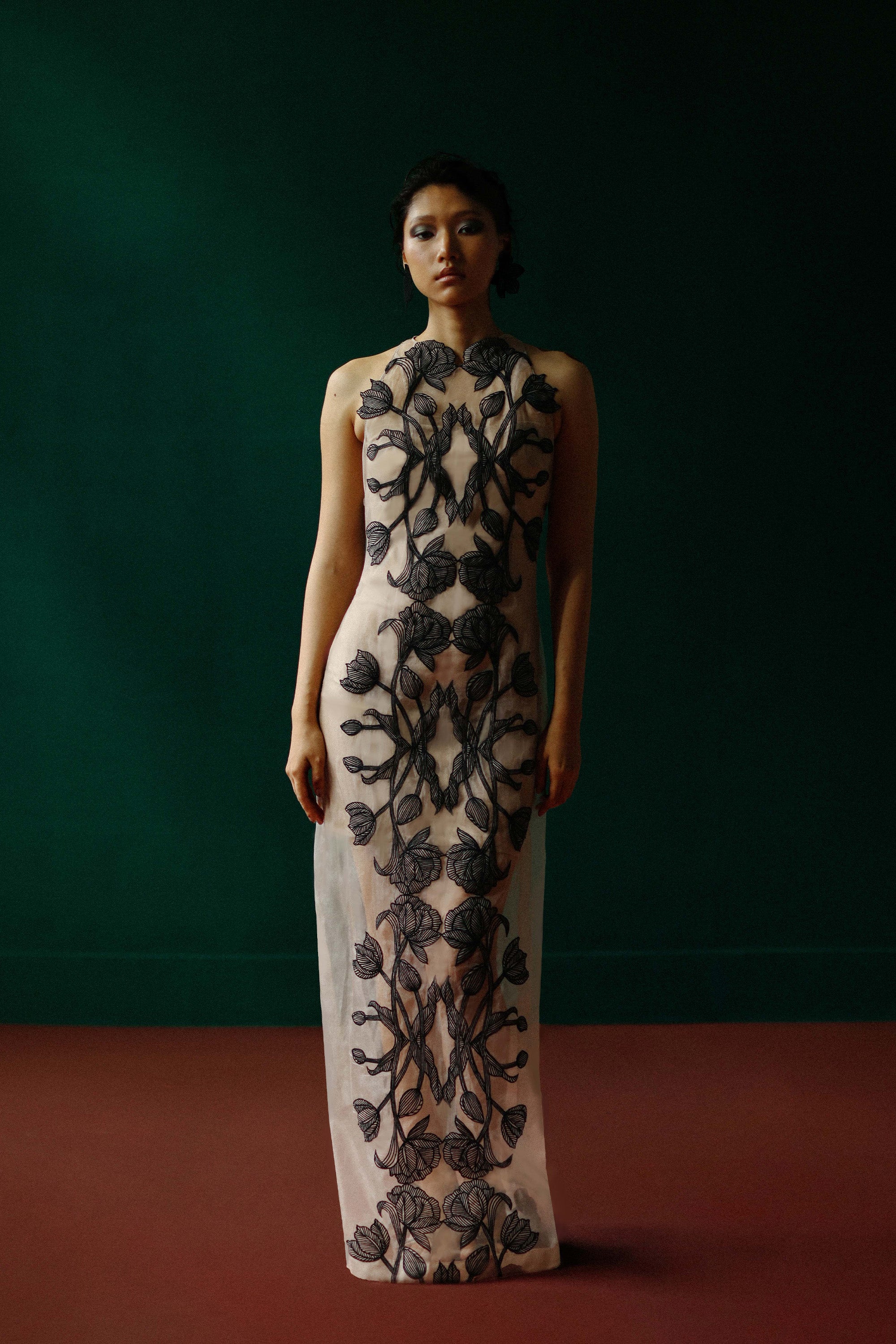 Sheer organza gown with embroidered tulips