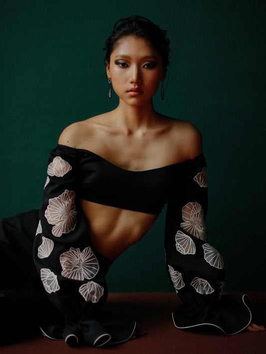 Off shoulder top with blouson sleeves