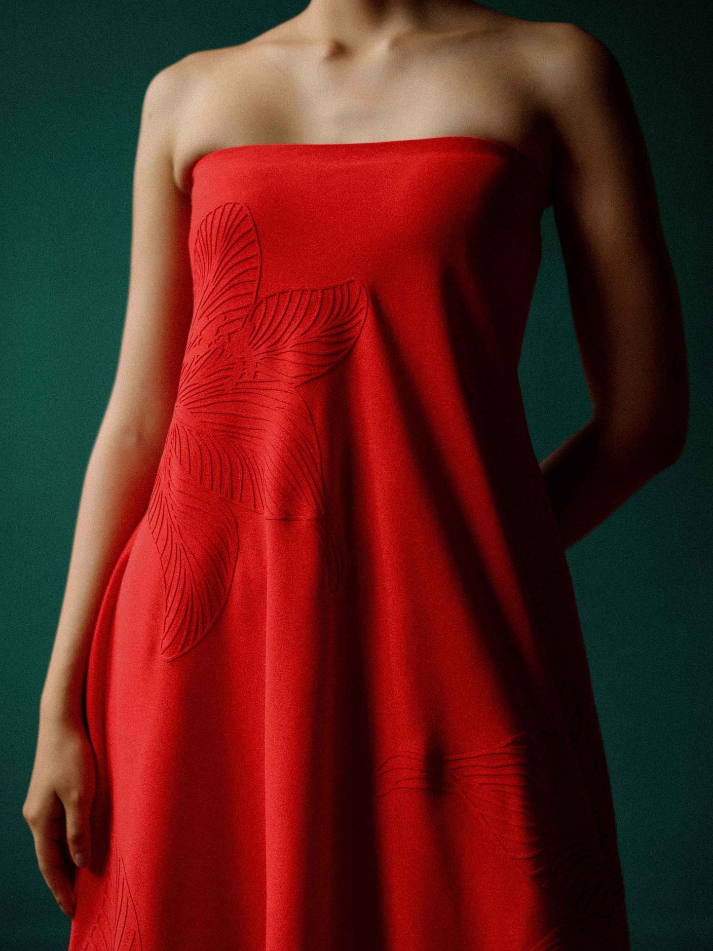 Strapless maxi dress with embossed lillies