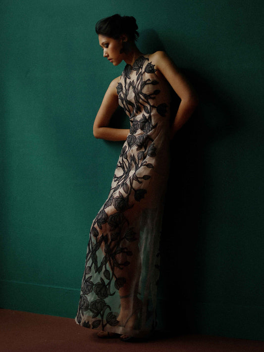 Sheer organza gown with embroidered tulips