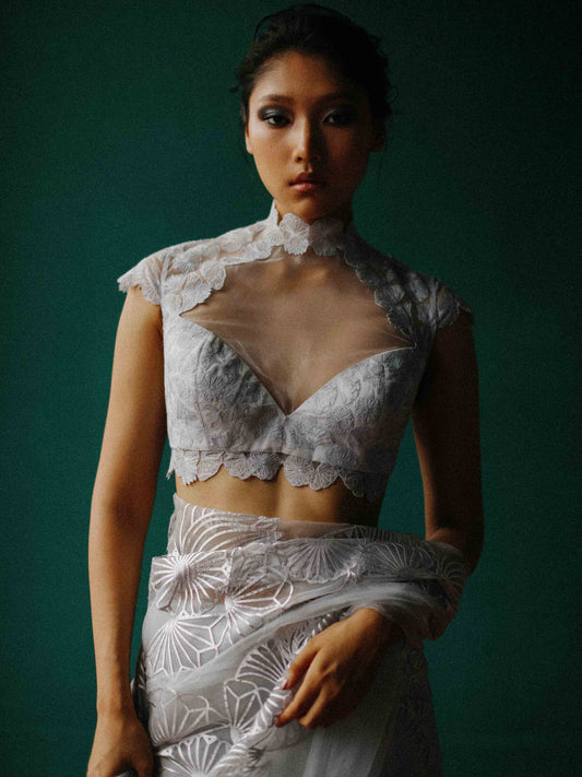 Lace- Inspired embroidered high neck blouse
