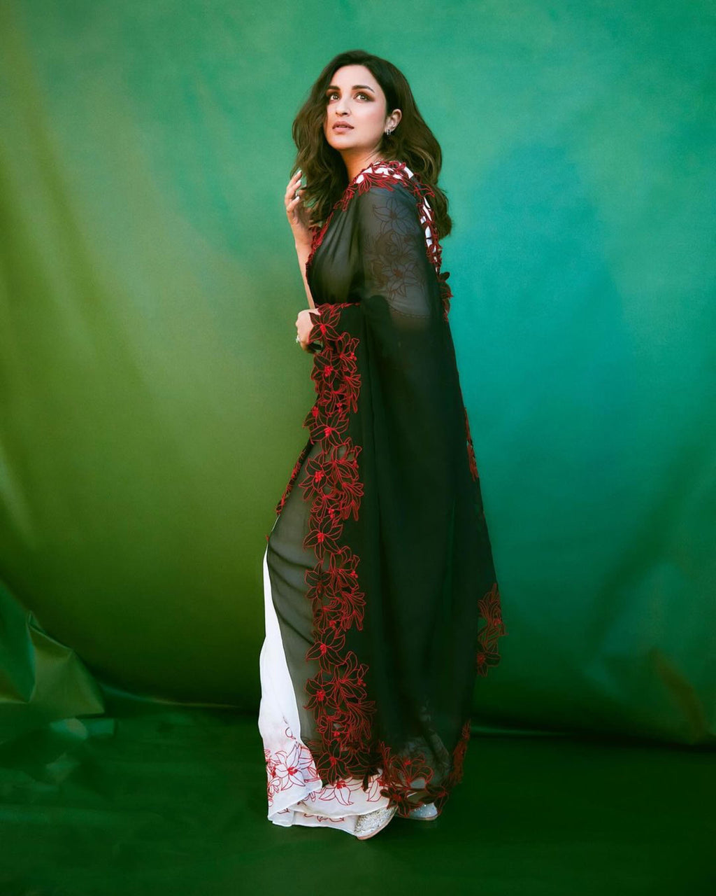 Colour block saree set with embroidered lilies