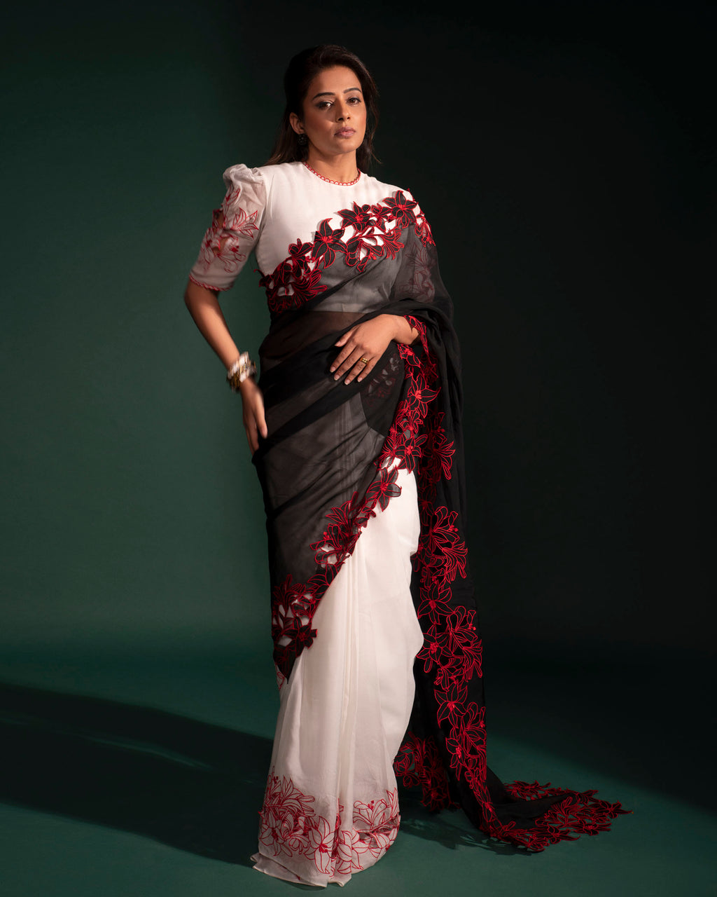 Colour block saree set with embroidered lilies