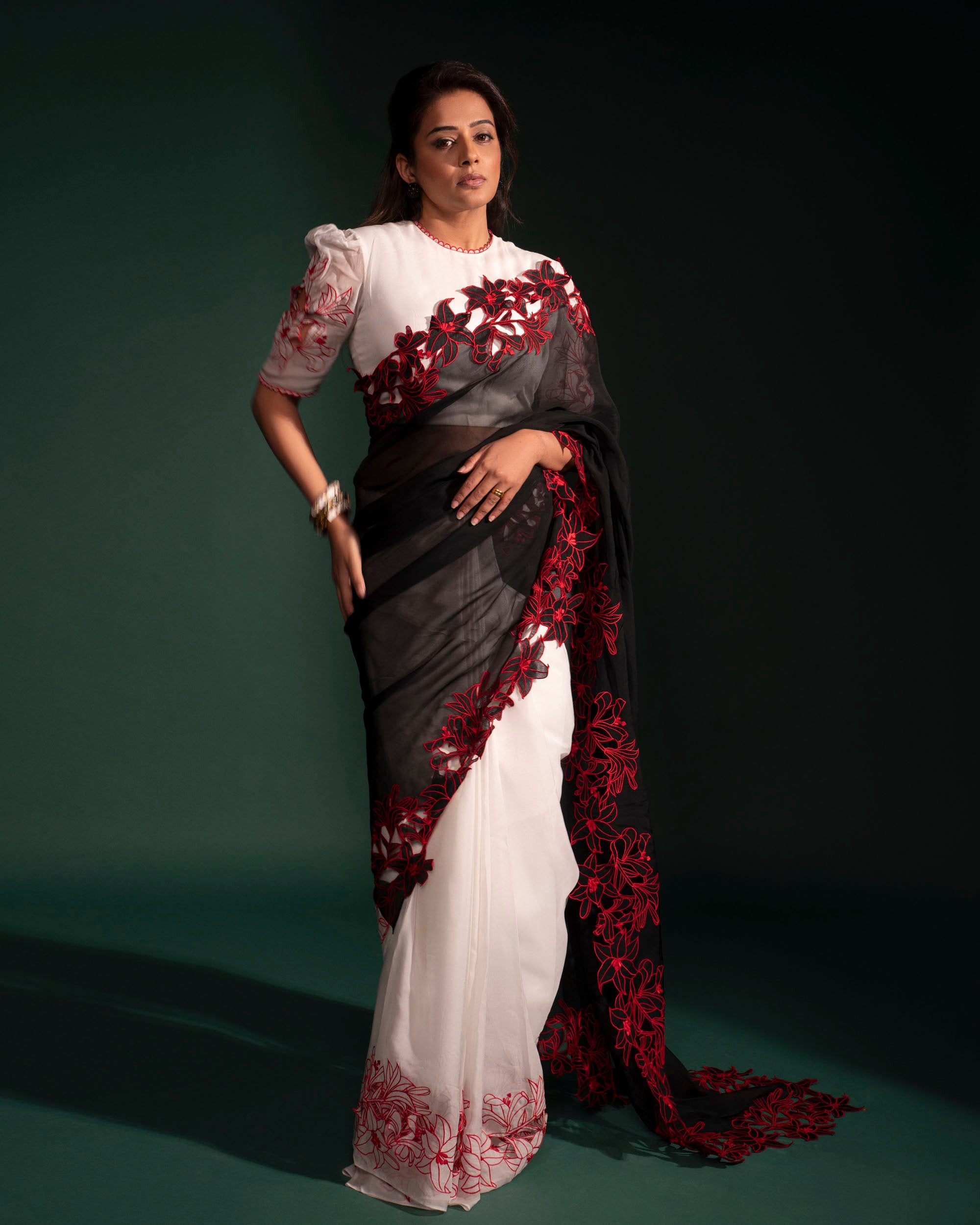 Colour block saree set with embroidered lilies