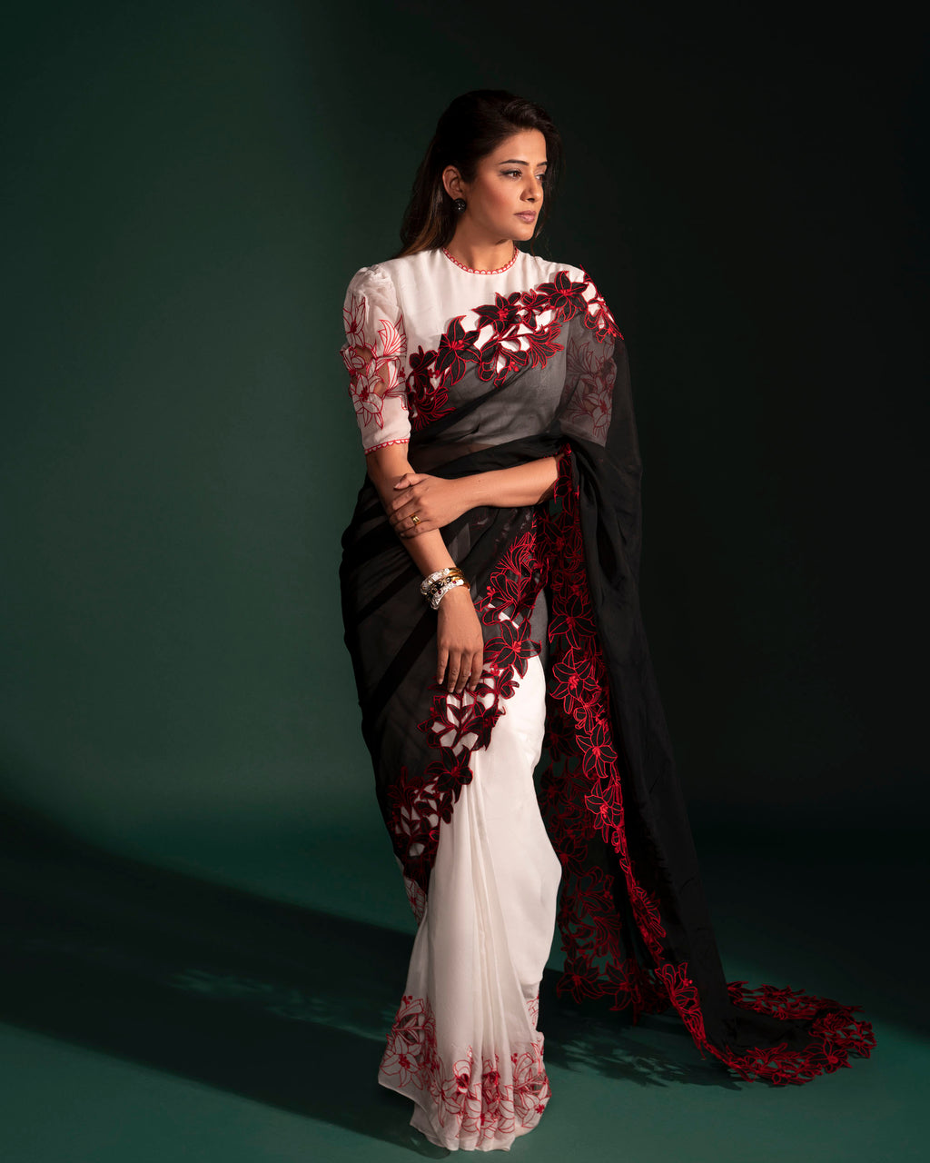 Colour block saree set with embroidered lilies