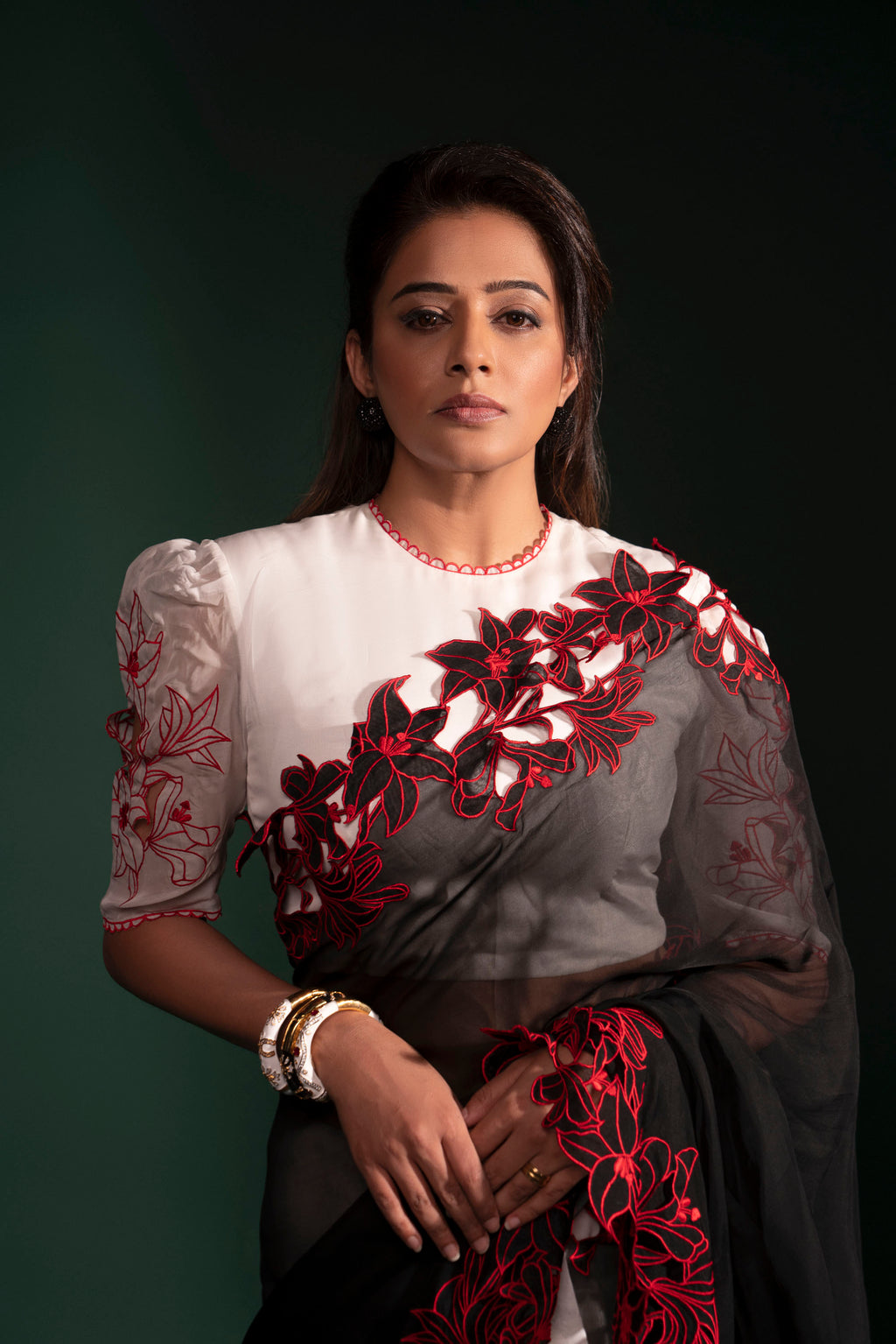 Colour block saree set with embroidered lilies