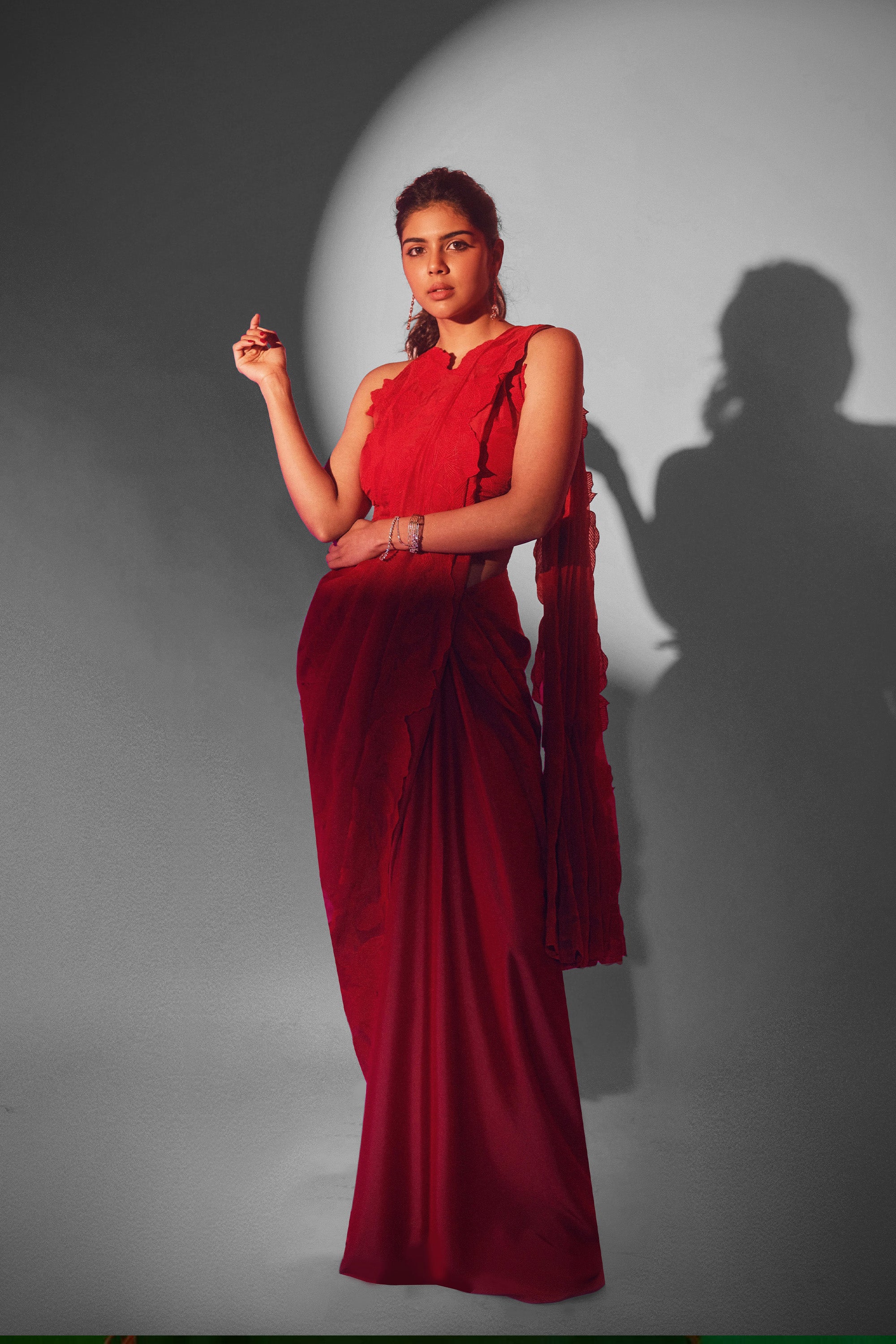 Wild Tulip Pre-Stitched Saree Set - Red