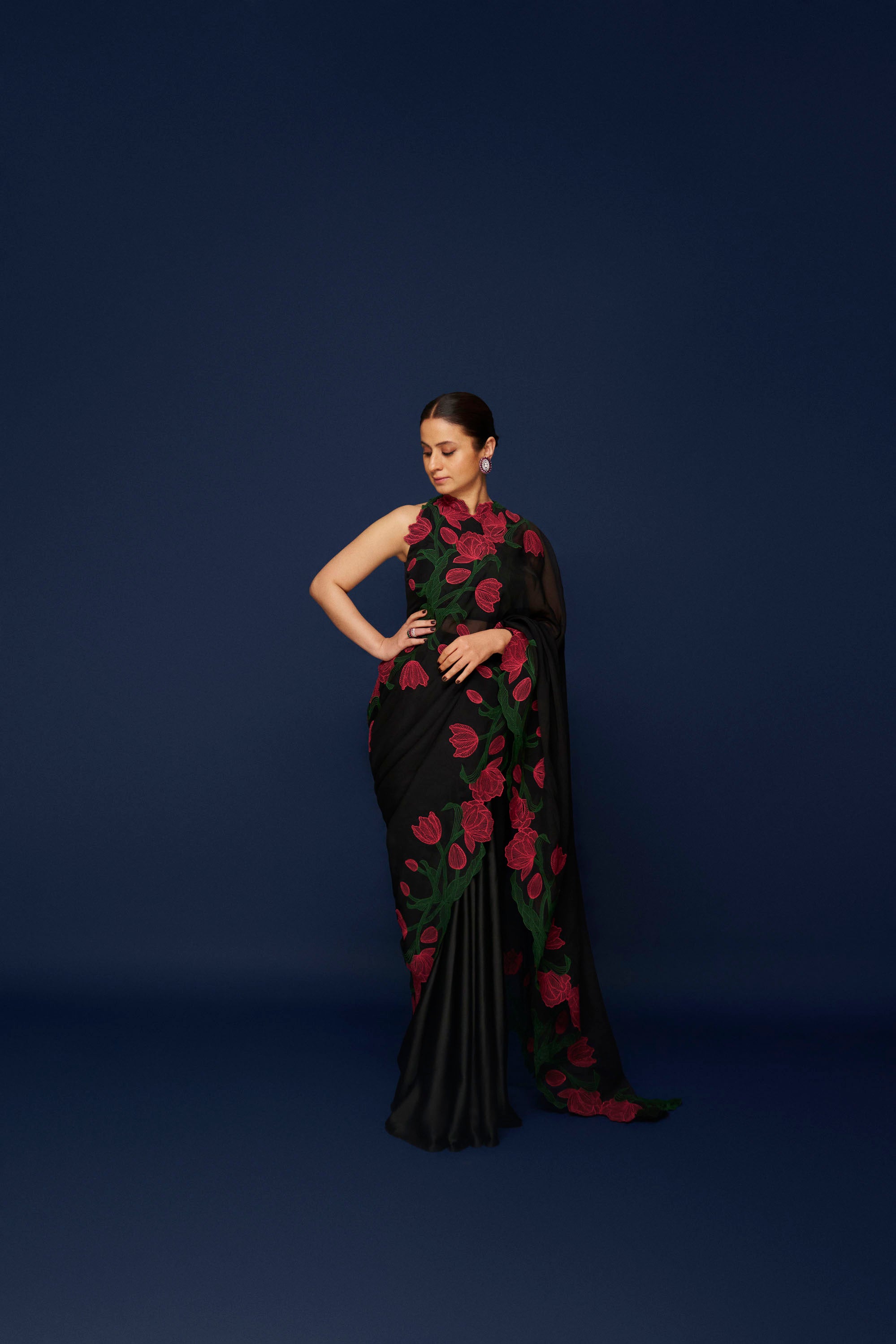 Wild Tulip Pre-Stitched Saree Set - Black with Pink & Green Tulip Embroidery