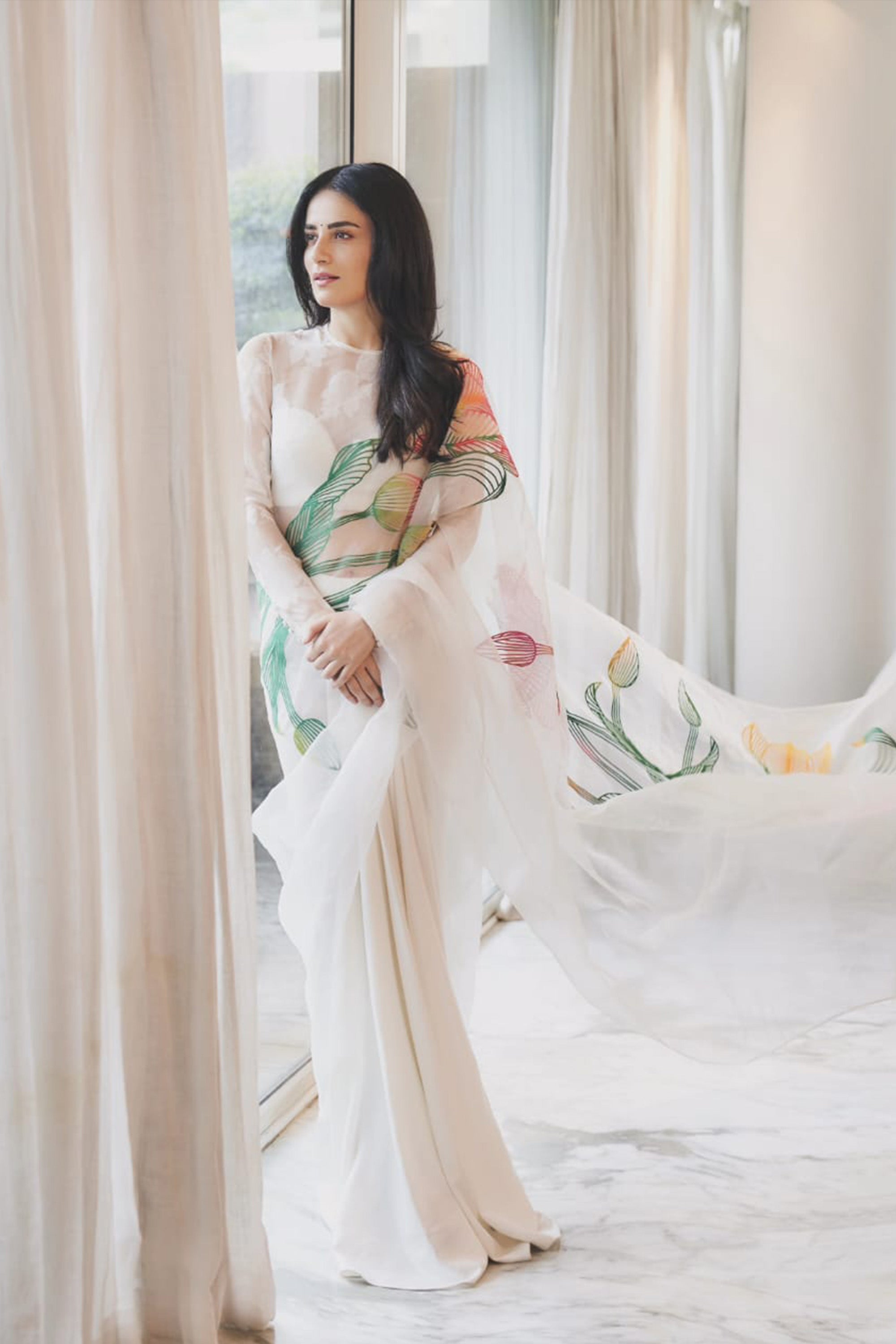 White saree with tulip applique