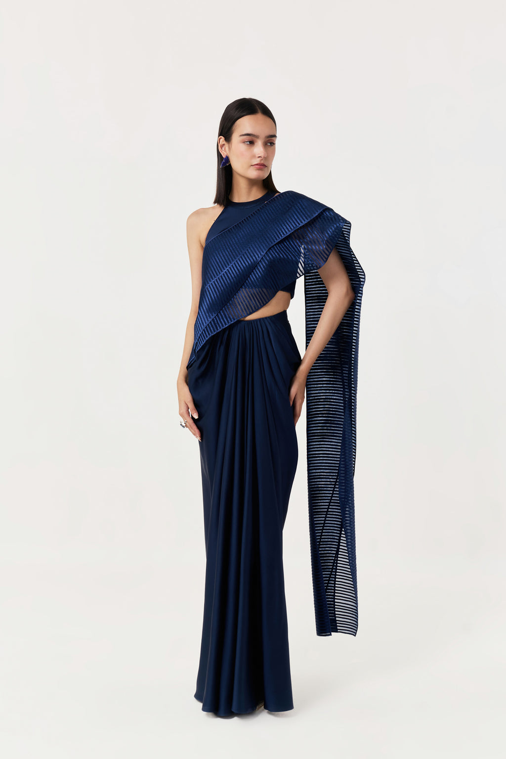 Layered Wave Pre-Stitched Saree - Navy Blue