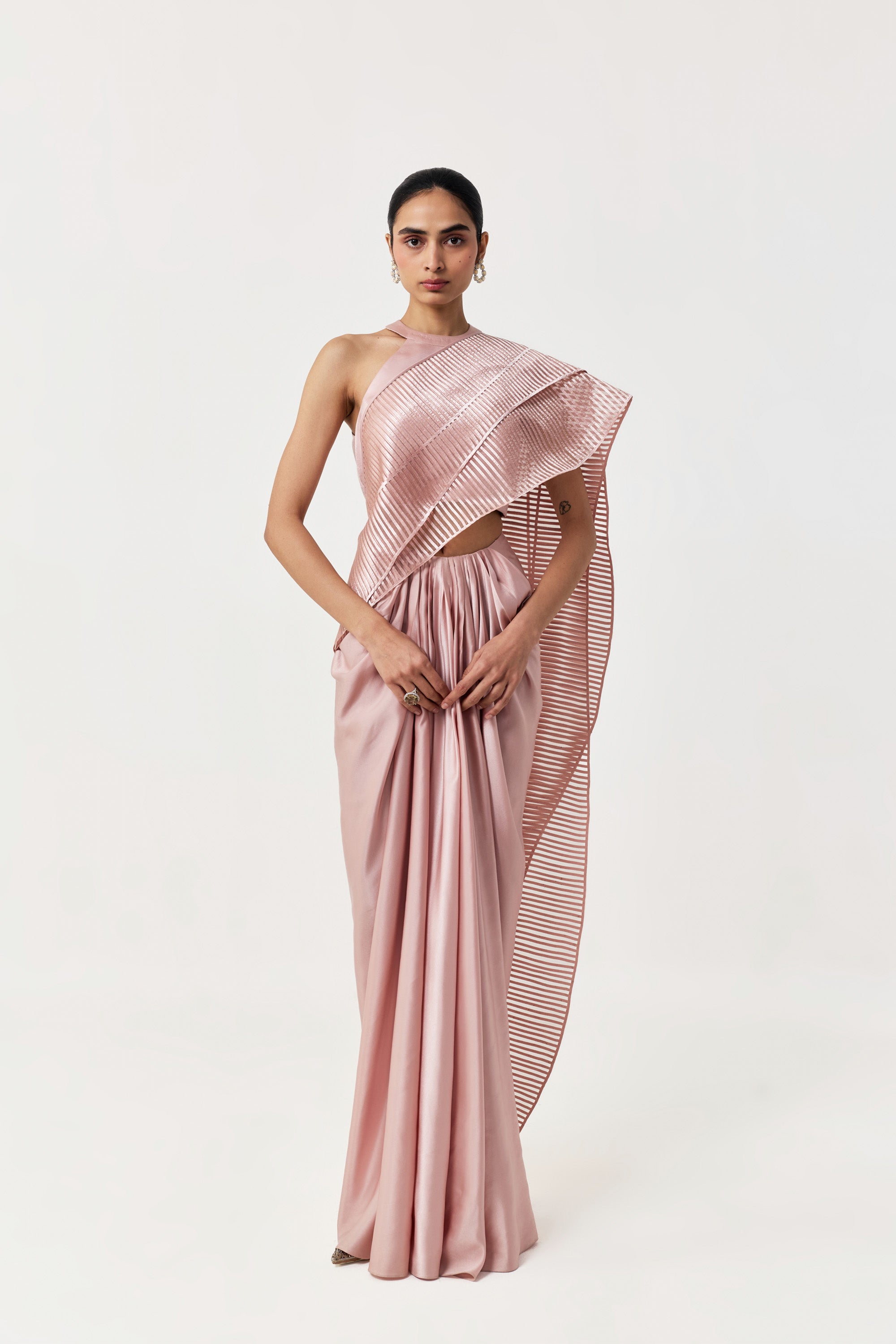 Layered Wave Pre-Stitched Saree - Rose Gold