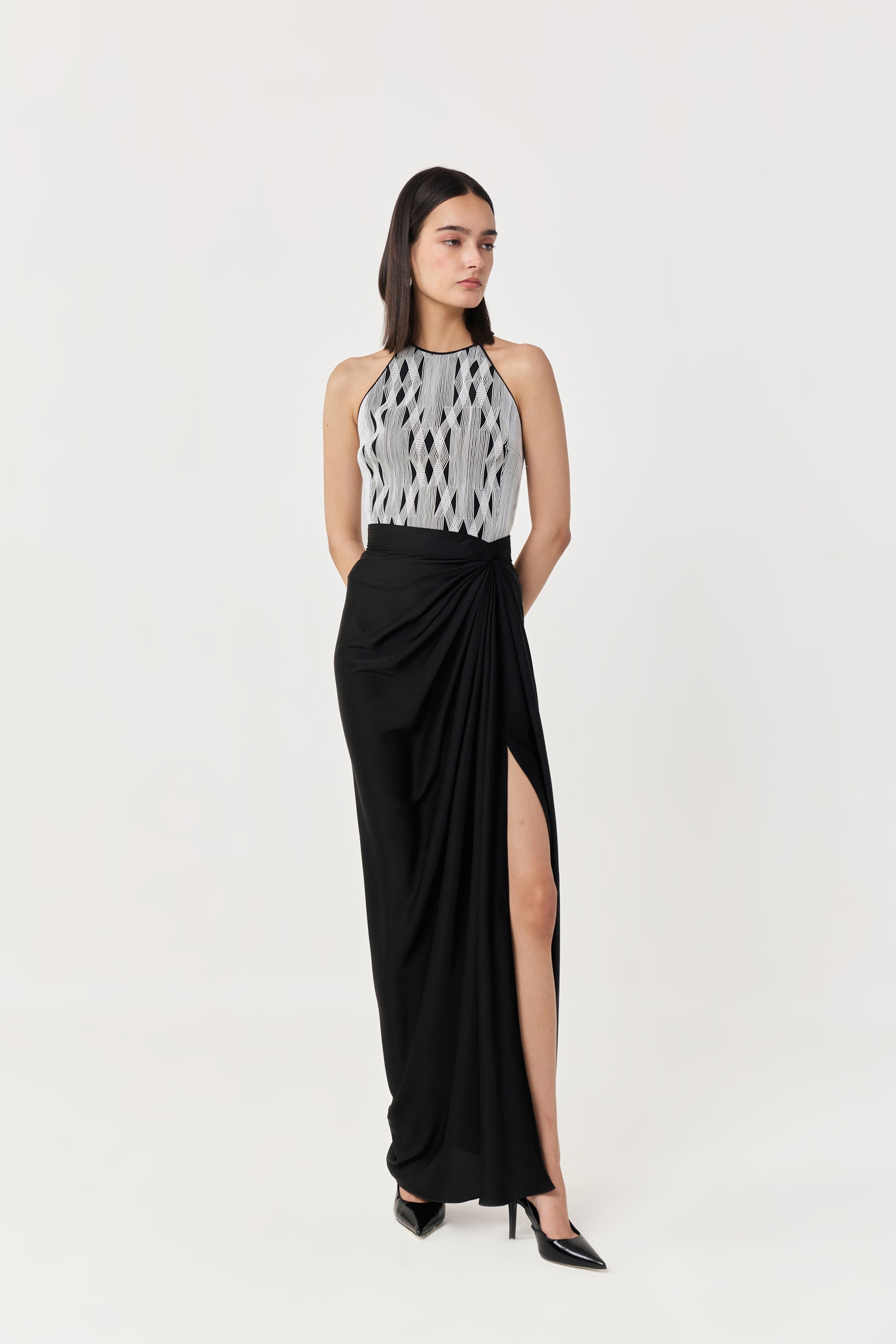 Entwined Corded Halter Top Skirt Set - Black & white