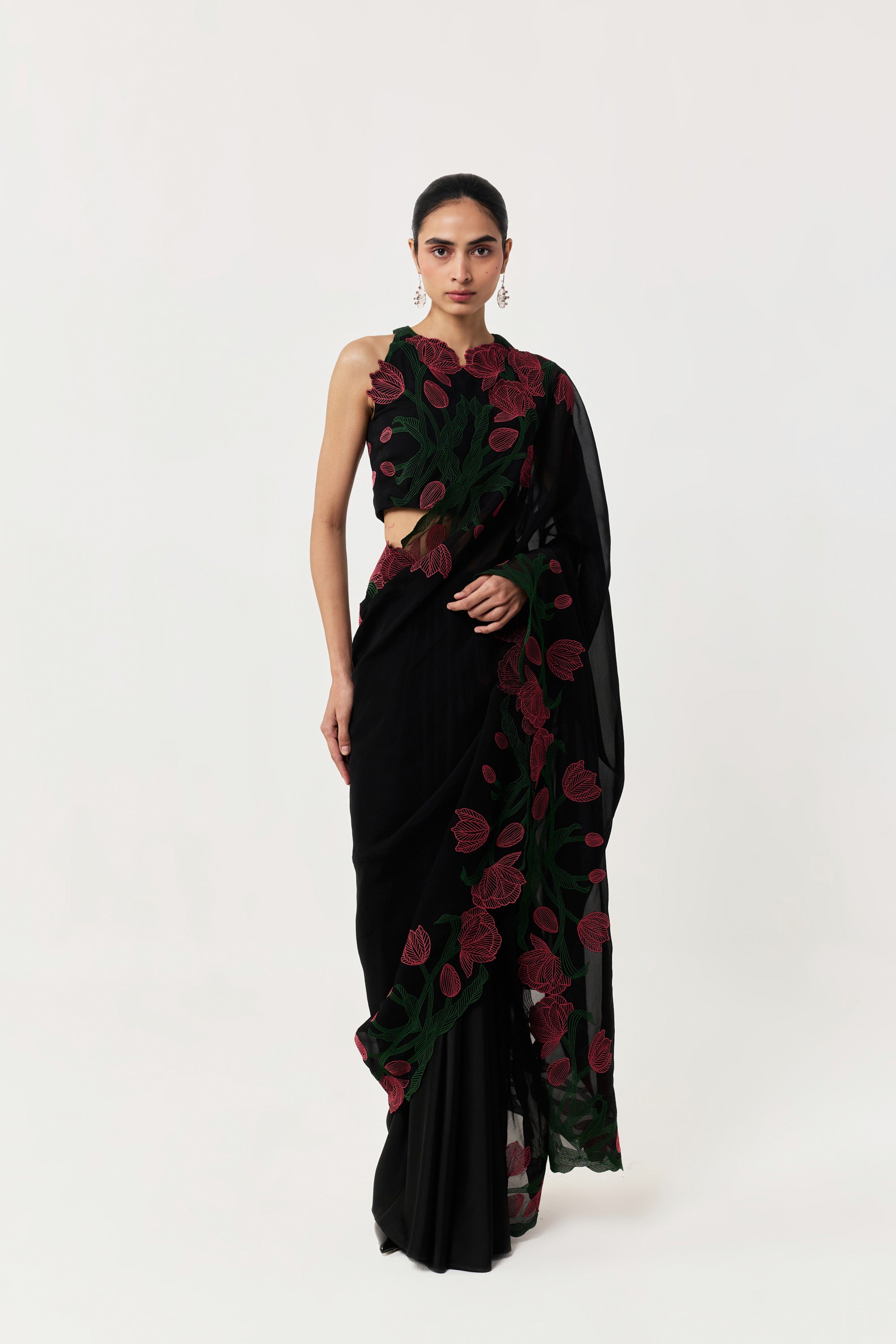 Wild Tulip Pre-Stitched Saree Set - Black with Pink & Green Tulip Embroidery