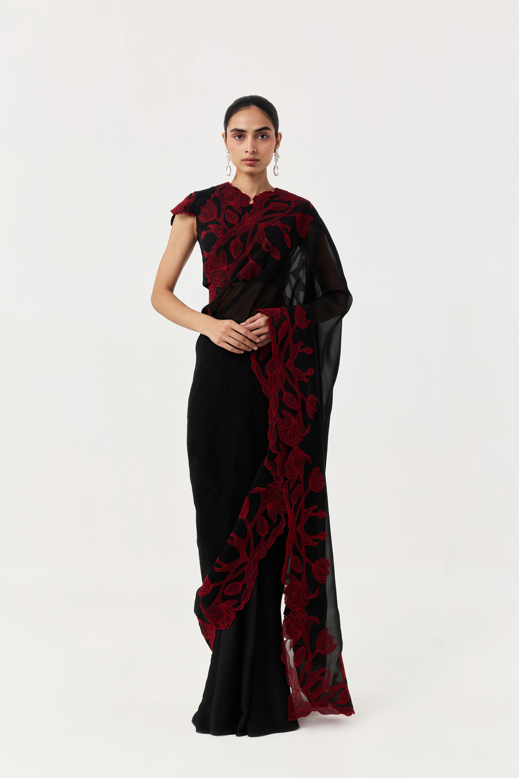 Wild Tulip Pre-Stitched Saree Set With Sleeves- Black & Red