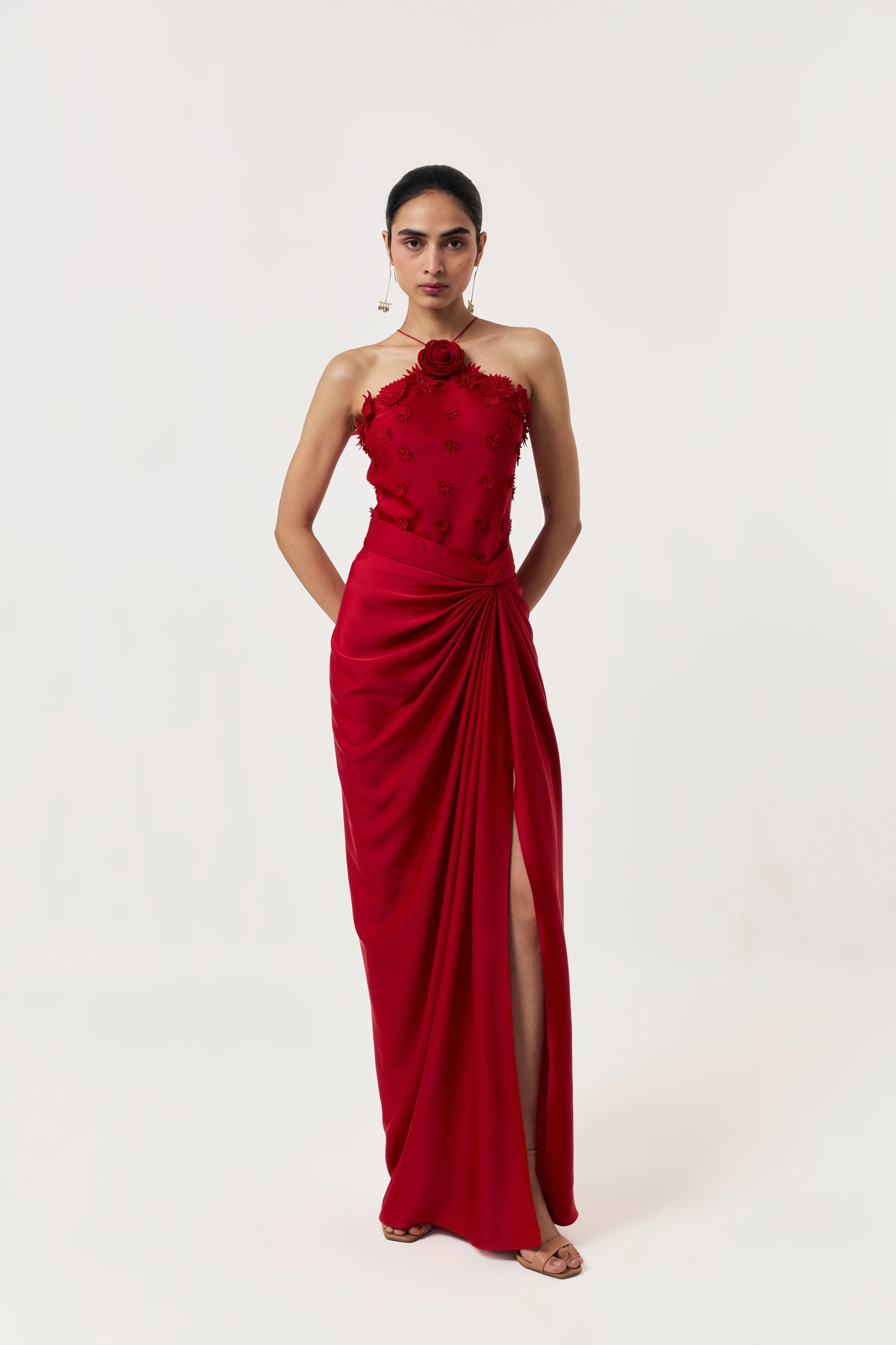 3D Floral Halter Top Skirt Set - Red