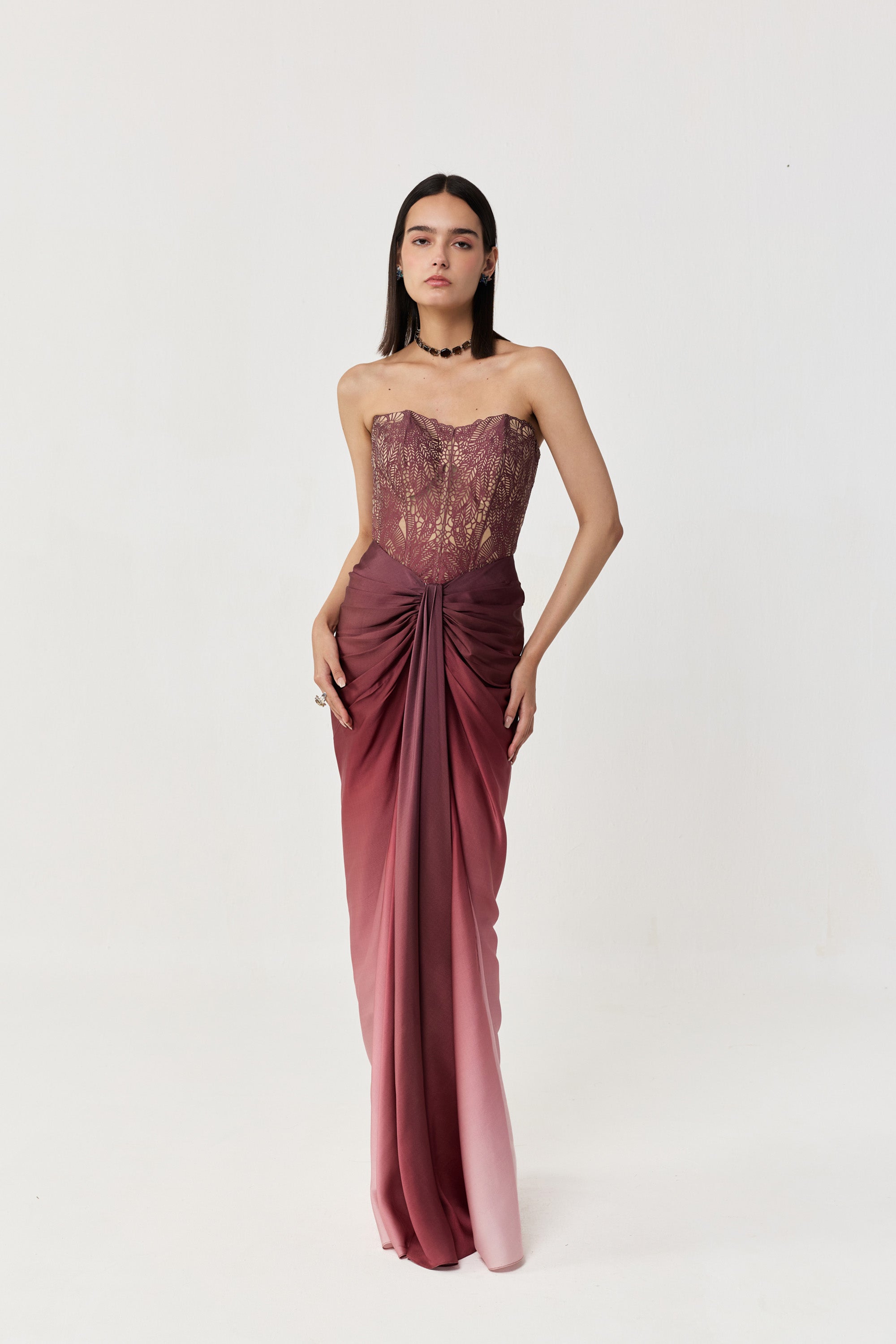 Moss Forest Applique' Corset Skirt Set - Maroon Ombre