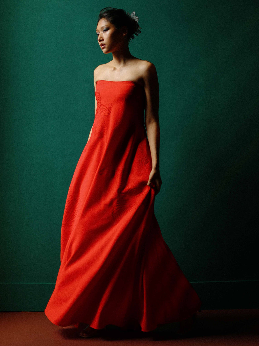 Strapless maxi dress with embossed lillies