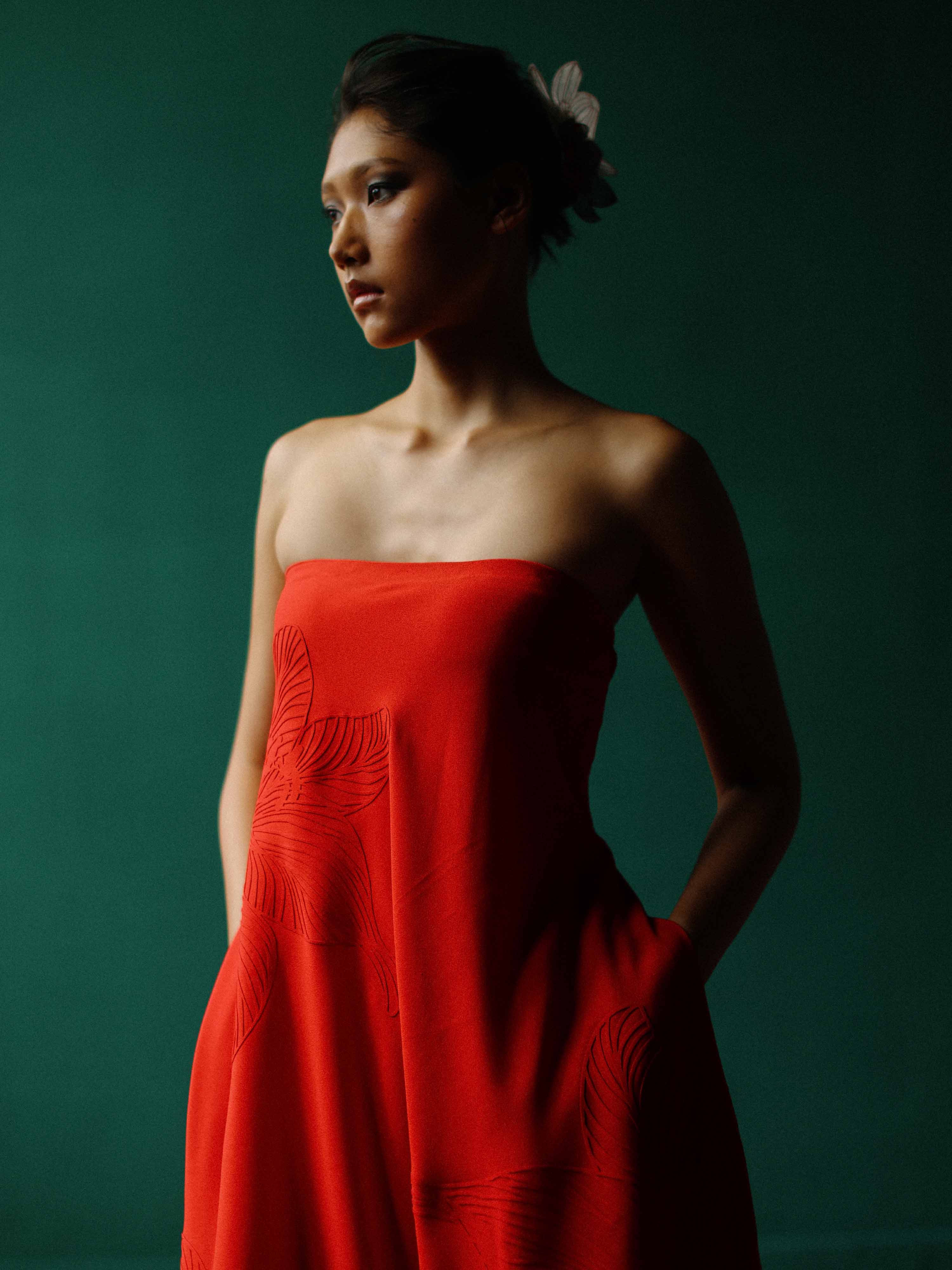 Strapless maxi dress with embossed lillies