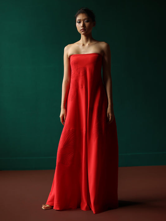 Strapless maxi dress with embossed lillies